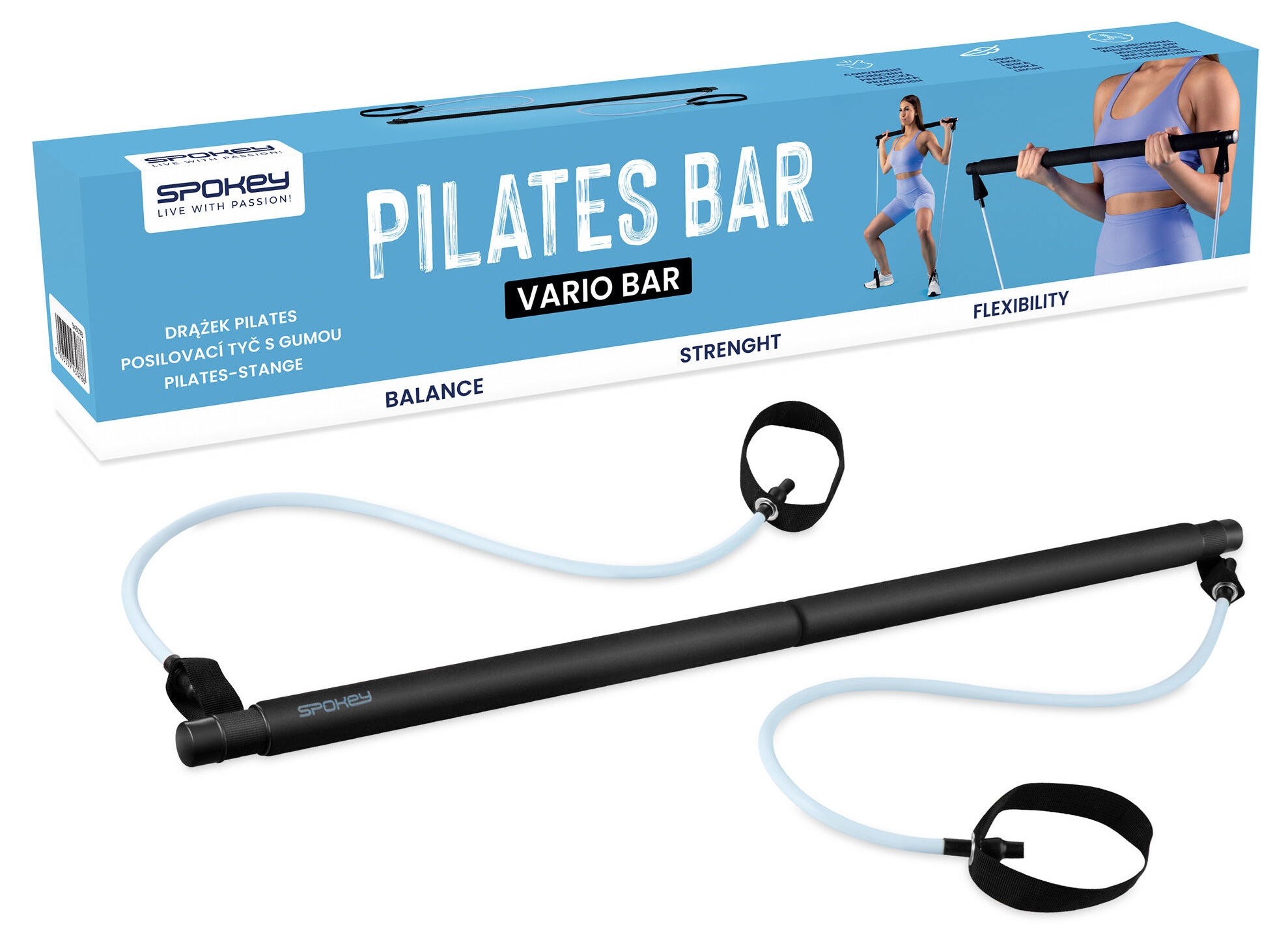 Drążek do pilatesu z czarnym drążkiem i białymi sznurkami. Pudełko w tle pokazuje drążek w użyciu przez kobietę.