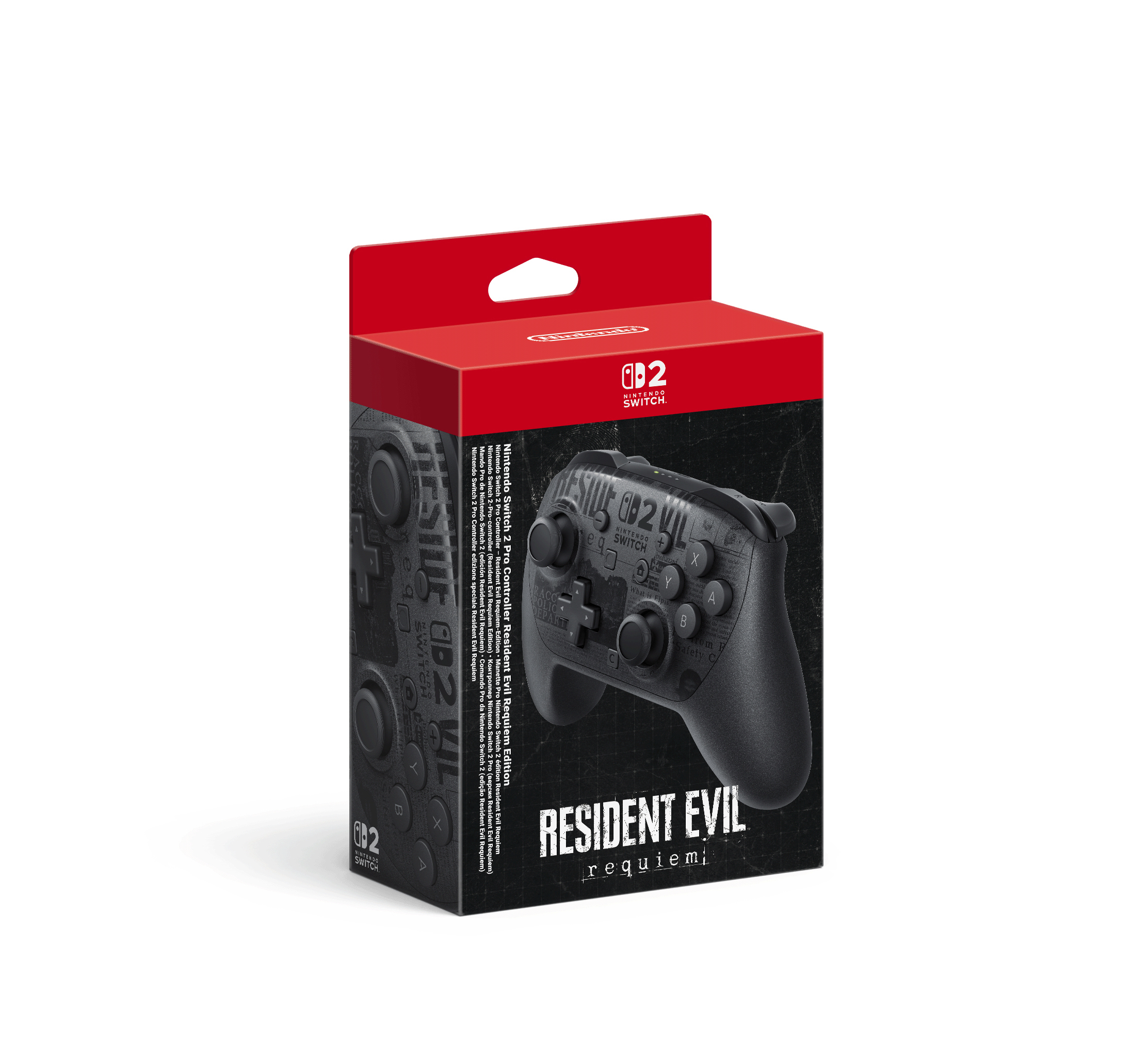 Schwarze Nintendo Switch Controller-Box mit rotem Deckel. Mit Resident Evil Requiem Logo und Controller-Abbildung.