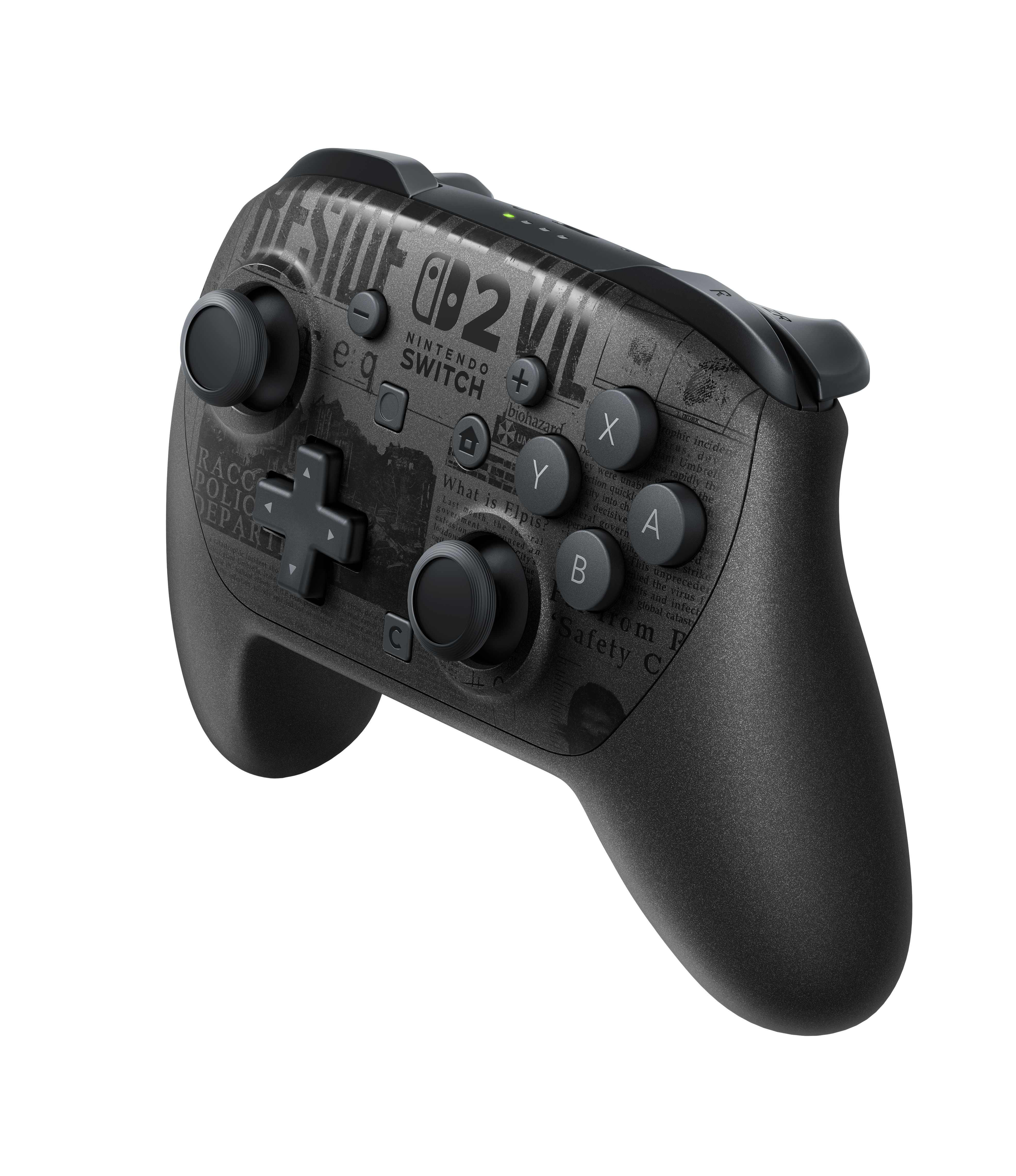 Schwarzer Nintendo Switch-Controller mit Resident Evil 2 Logo und Tasten, auf weißem Hintergrund.