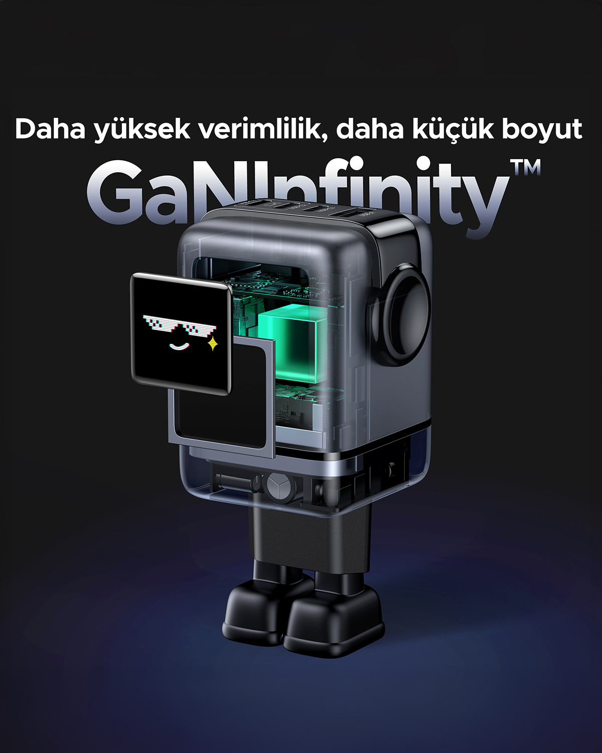 İçinde ekran ve parlayan yeşil bir küp bulunan fütüristik bir araç. Cihazın bacakları var, bir robotu andırıyor.