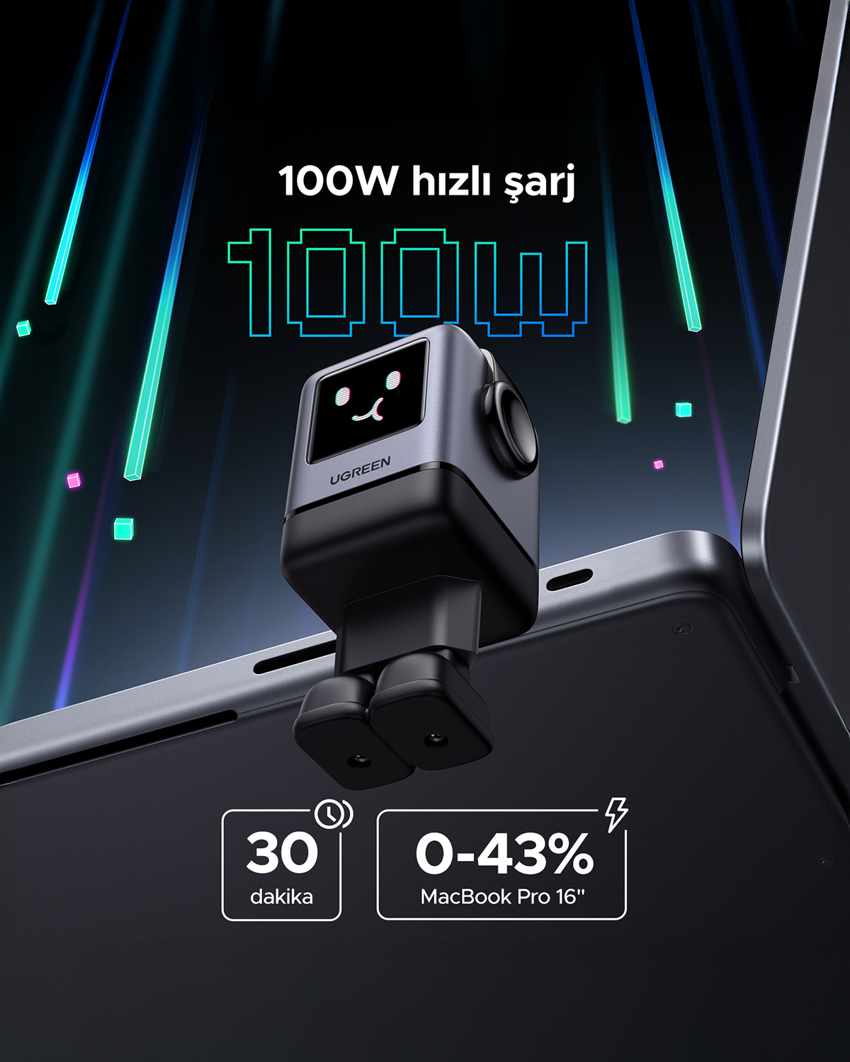 Bir UGREEN şarj cihazı bir dizüstü bilgisayarın üzerinde. 30 dakikada %0-43 şarj gösteriyor. 100W hızlı şarj. Türkçe metin.