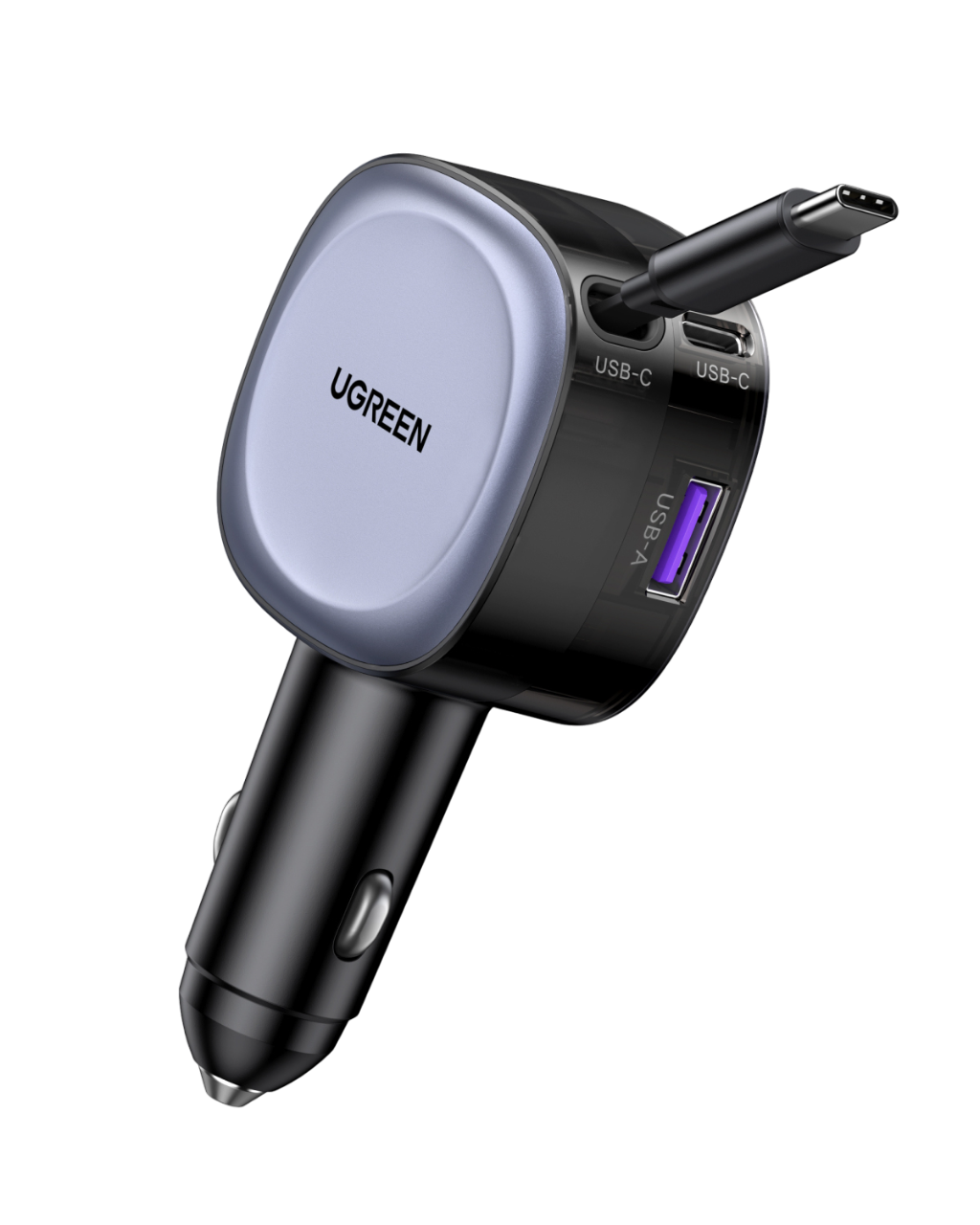 USB-A ve USB-C bağlantı noktalarına sahip siyah bir UGREEN araç şarj cihazı ve takılı bir USB-C kablosu. Arka plan siyah.
