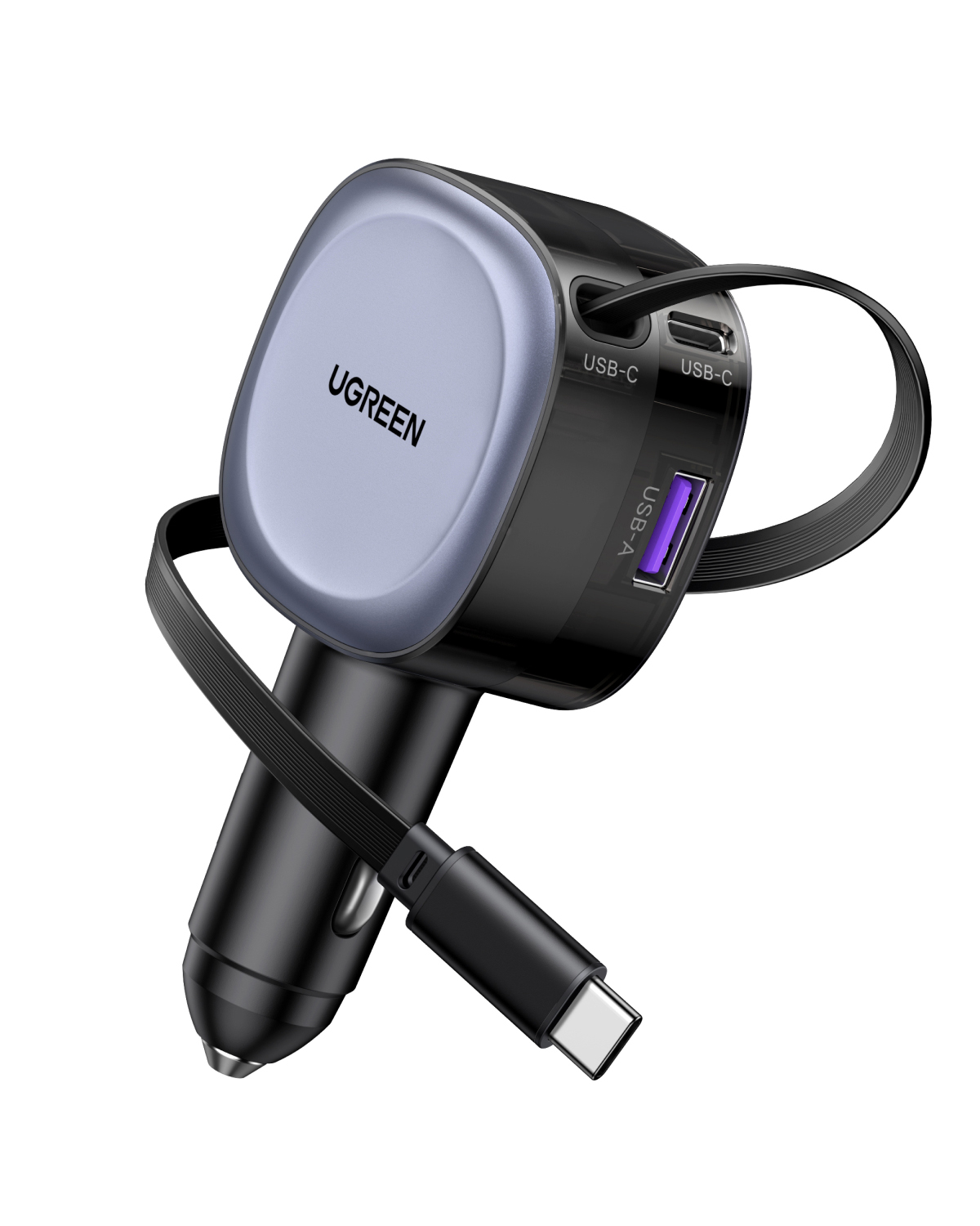 USB-C ve USB-A bağlantı noktalarına sahip siyah bir UGREEN araç şarj cihazı. Etrafına sarılmış bir kablo ve bir USB-C konektörü var.