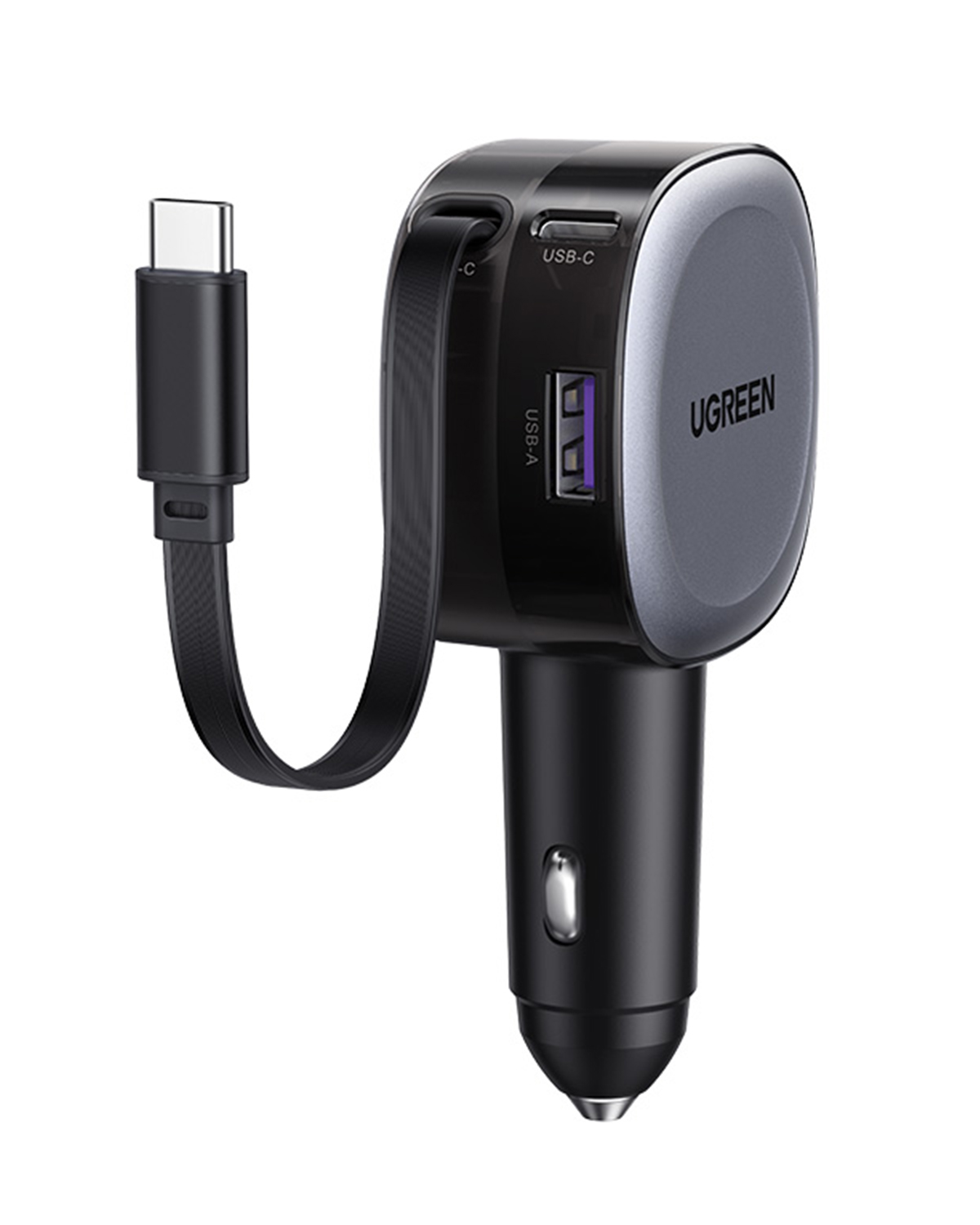 USB-C ve USB-A bağlantı noktalarına sahip siyah UGREEN araç şarj cihazı. USB-C konektörlü bağlı siyah kablo. Gri ve siyah tasarım.