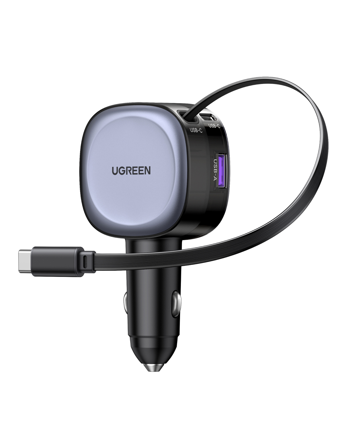 Siyah ve gri UGREEN araç şarj cihazı, USB portları ve USB-C kablosu. Şarj cihazı beyaz bir arka plan üzerinde.