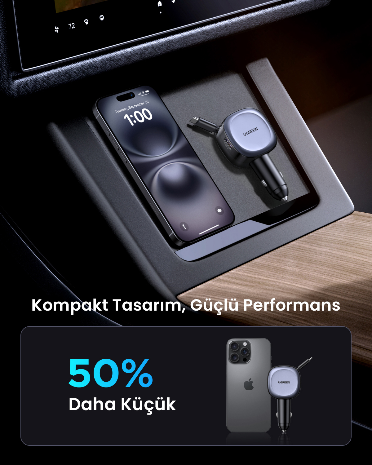 Bir akıllı telefon ve bir şarj cihazı arabanın konsoluna yerleştirilmiş. Telefon tarih ve saati gösteriyor. Şarj cihazı UGREEN markası.