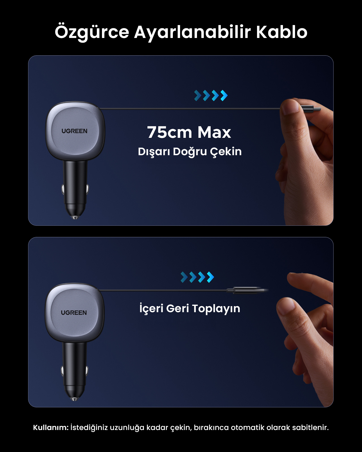 Görselde, geri çekilebilir kablolu bir araç şarj cihazı gösterilmektedir. Kablo maksimum 75 cm'ye kadar uzar. Kullanım talimatları dahildir.