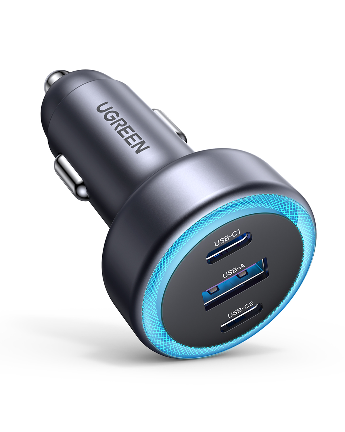 Bir UGREEN araç şarj cihazı. USB-C ve USB-A bağlantı noktalarına sahiptir. Siyah ve gri, mavi LED halkalıdır.