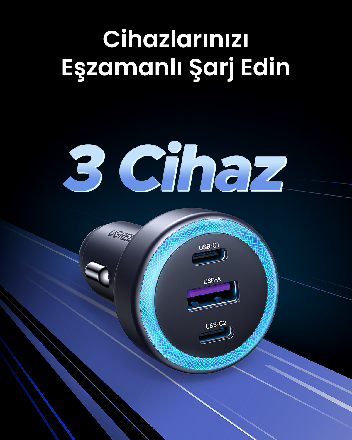 Siyah UGREEN araç şarj cihazı, 3 portlu: USB-C1, USB-A ve USB-C2. Metin: "Cihazlarınızı Eşzamanlı Şarj Edin" ve "3 Cihaz".