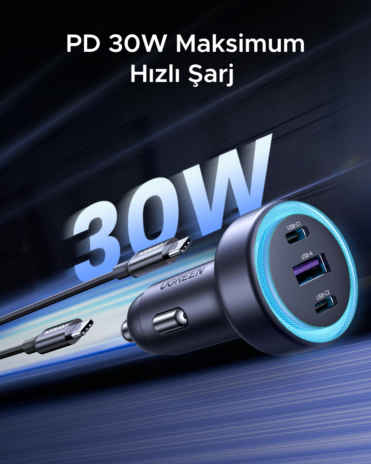 30W çıkışlı ve USB portlu siyah bir UGREEN araç şarj cihazı. Kablolar ve Türkçe metin de görünür.