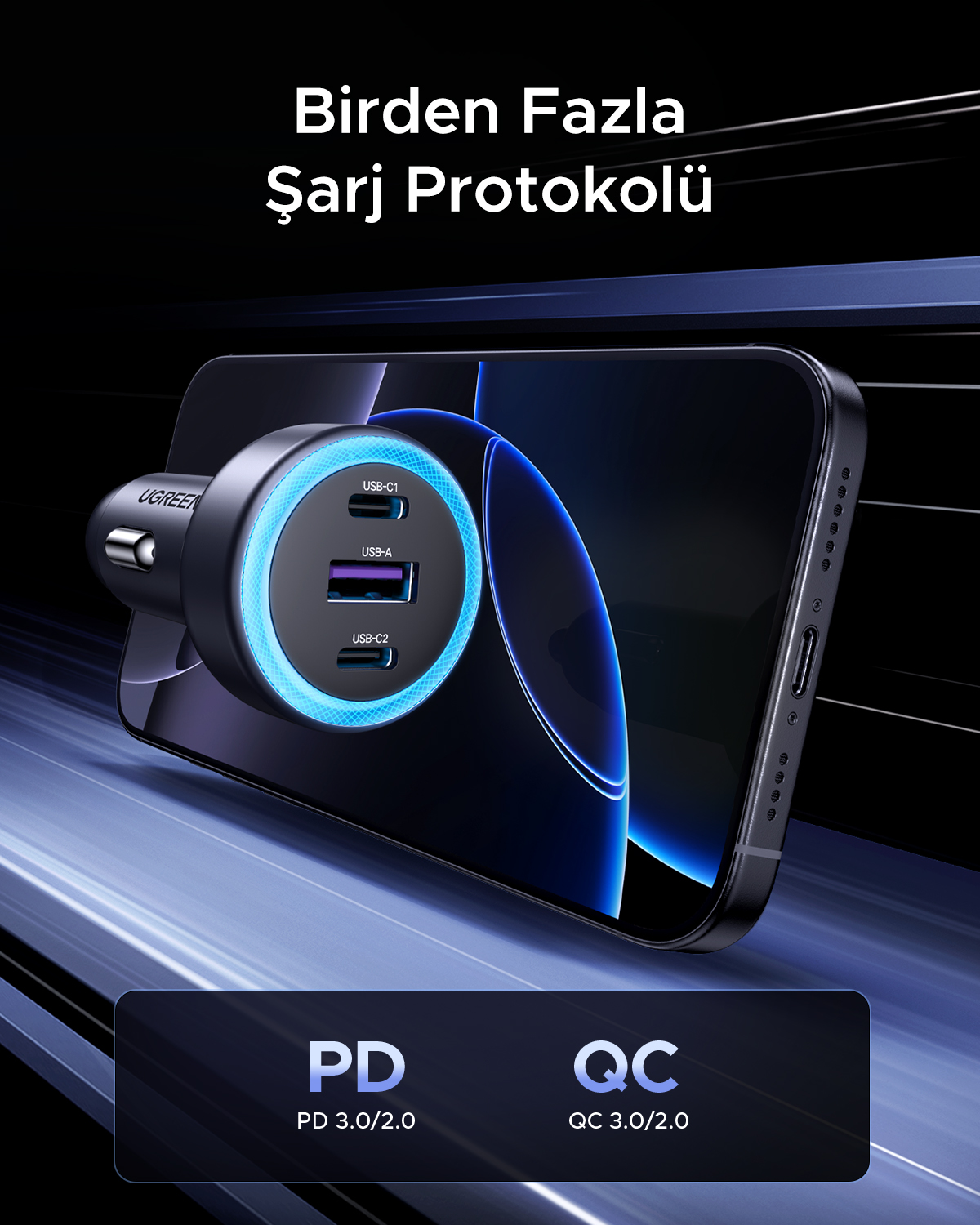 USB portlu siyah bir araç şarj cihazı telefona bağlı. Üstte 'Birden Fazla Şarj Protokolü' yazıyor.
