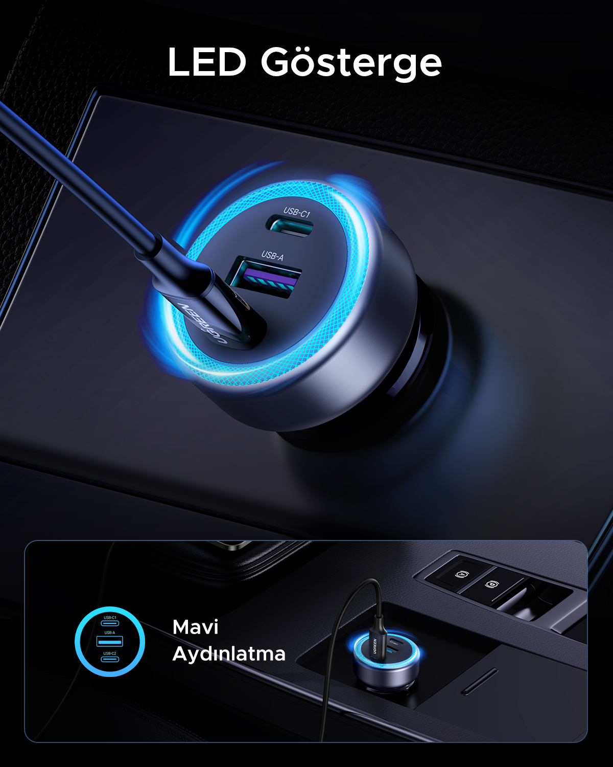 Mavi LED ışıklı bir USB araç şarj cihazı. USB-A ve USB-C bağlantı noktalarına sahiptir. Bir kablo takılıdır.