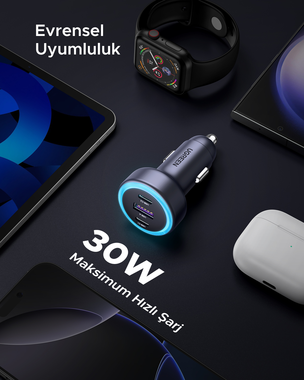 Mavi parlayan bir halka ve akıllı saat, telefon, tablet ve kulaklıklar dahil olmak üzere çeşitli cihazlara sahip bir araç şarj cihazı.