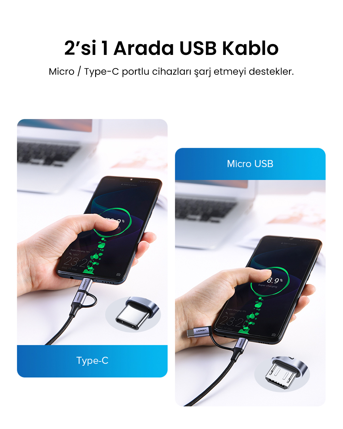 Görüntü, biri Type-C, diğeri Micro USB olan iki telefonu şarj eden çift USB kablosunu gösteriyor. Her ikisinde de şarj göstergeleri var.