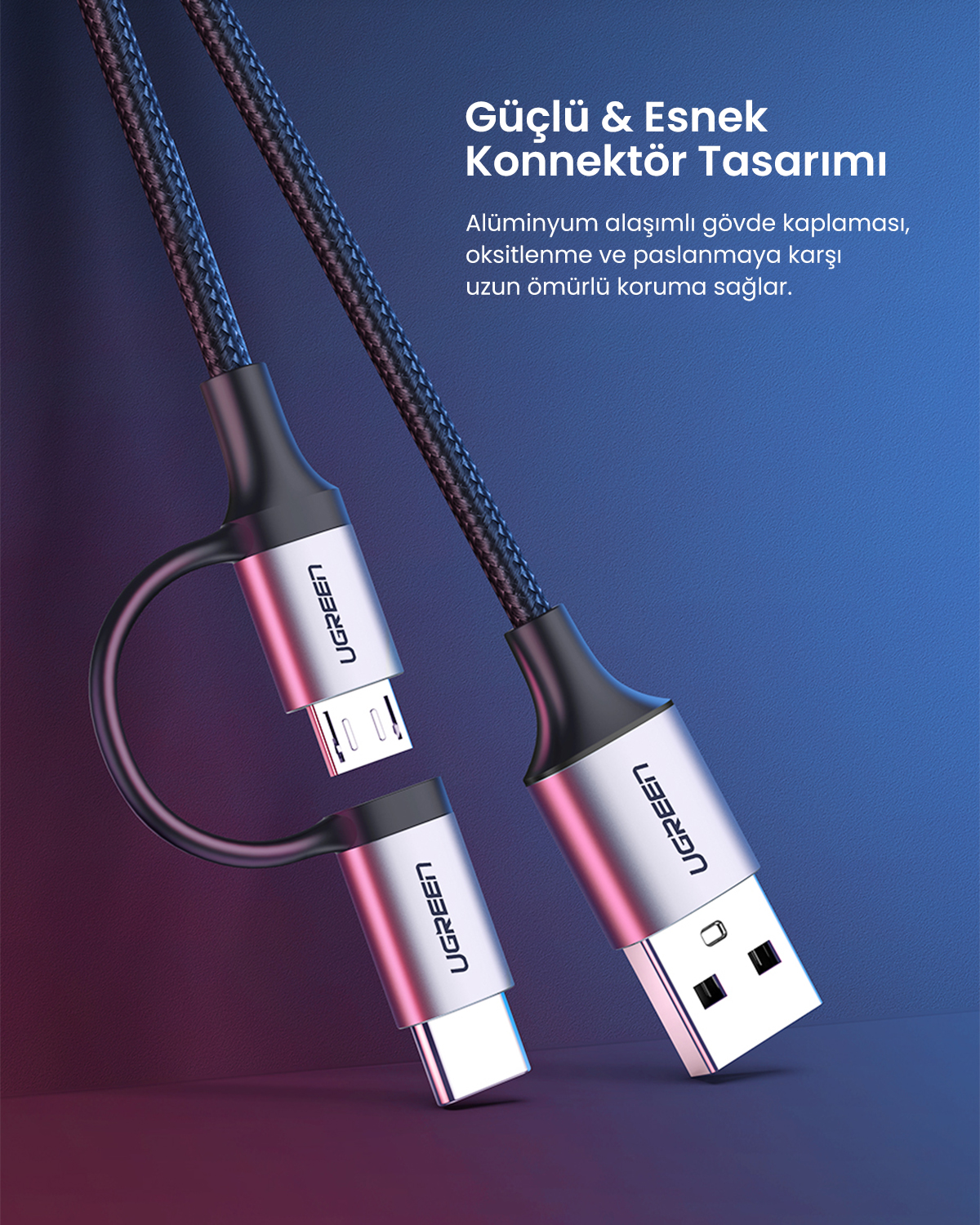 USB, micro-USB ve USB-C konektörlü bir UGREEN şarj kablosu. Kablo siyah ve gümüş rengindedir.