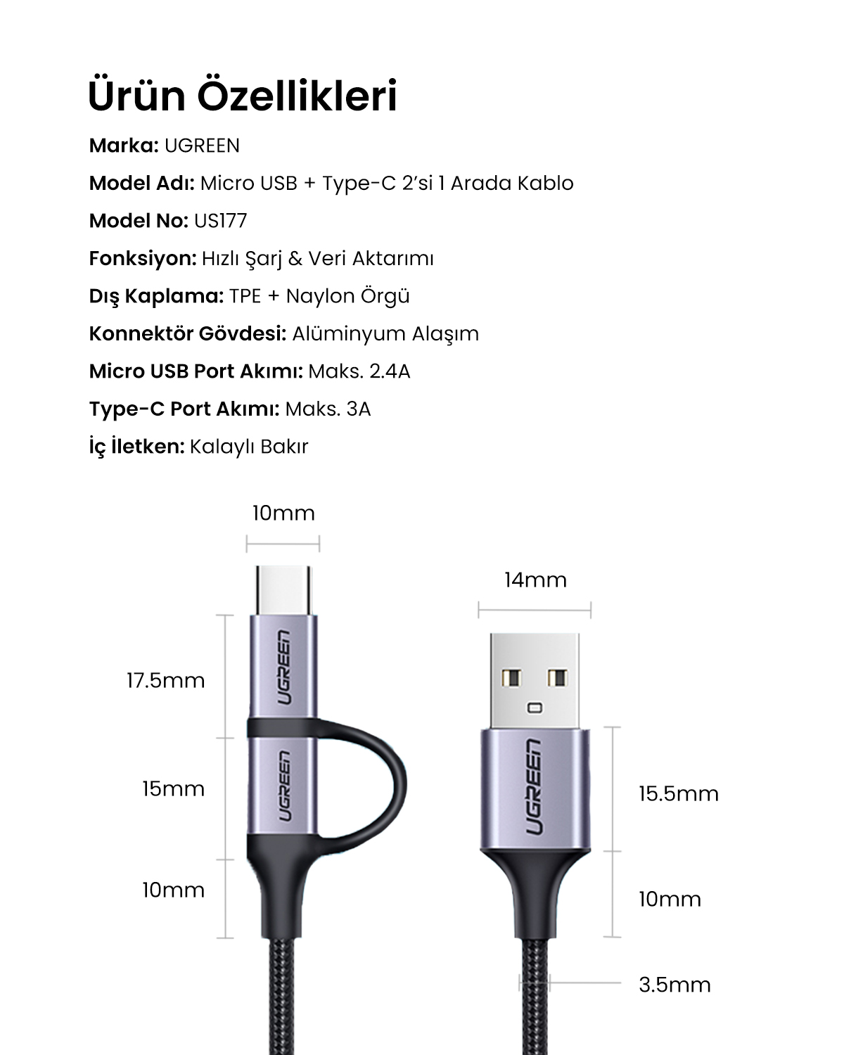UGREEN kablo, Micro USB ve Type-C, siyah ve gri. Boyutlar ve özellikler listelenmiştir.