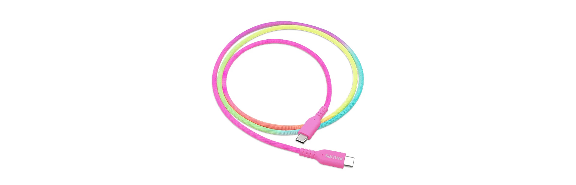 Pembe konektörleri ve gökkuşağı renkli kablosu olan, bir ucunda Philips logosu bulunan renkli bir şarj kablosu.