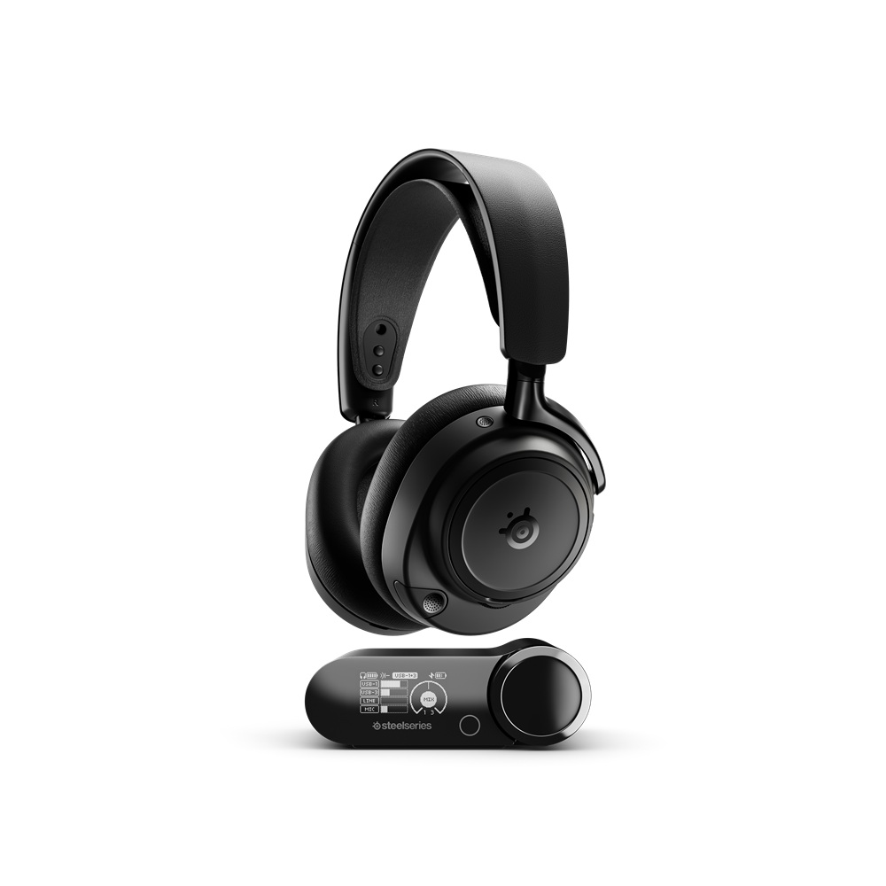 Beyaz zemin üzerinde siyah SteelSeries kulaklıklar ve bir kontrol kutusu. Kulaklıklar kulak üstü.