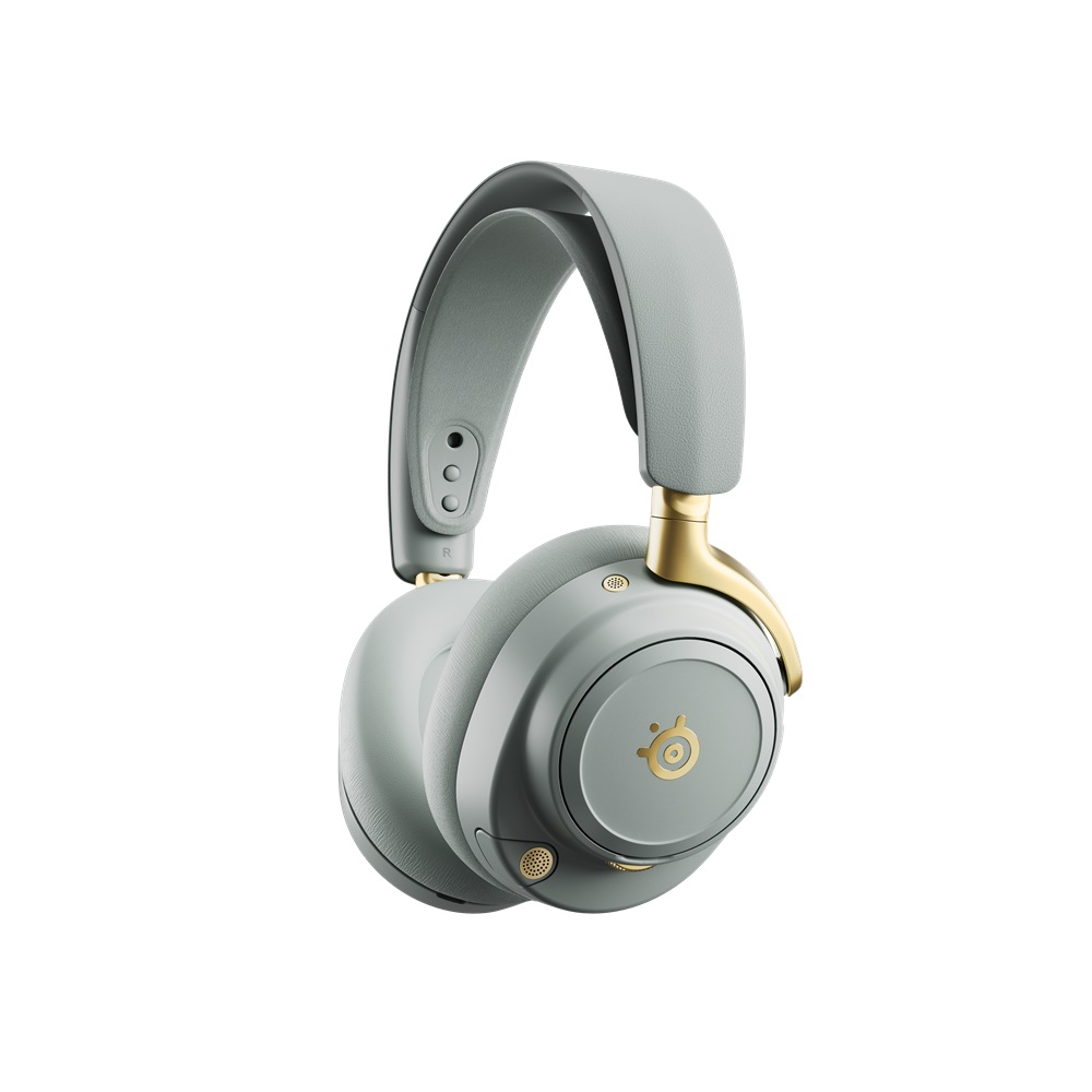 Bir çift gri ve altın kulaklık. Kulak üstü kulaklıkların yastıklı bir kafa bandı ve kulaklıkları vardır, SteelSeries logosuyla.