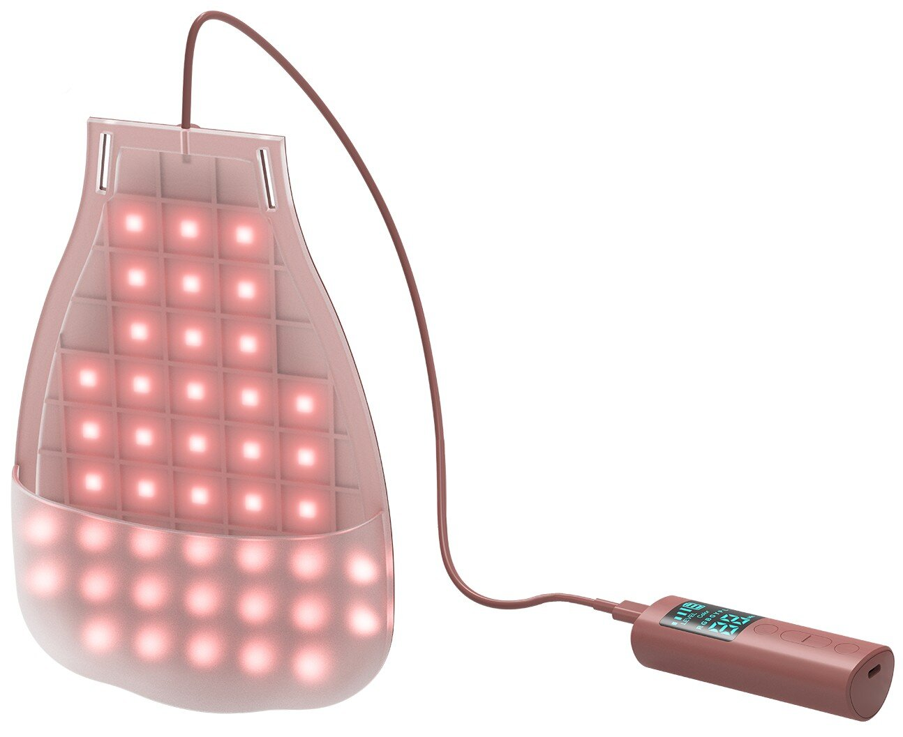 Urządzenie do terapii światłem czerwonym z siatką czerwonych świateł, połączone brązowym kablem z małym wyświetlaczem cyfrowym.