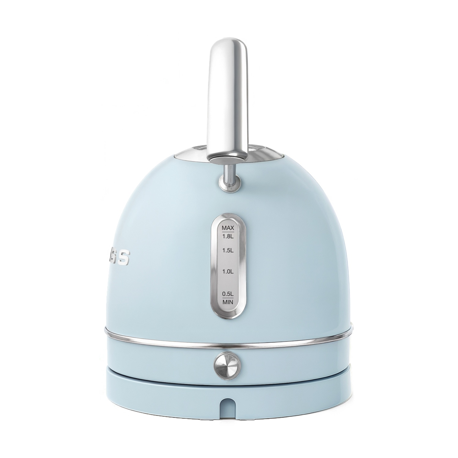 Un bollitore Smeg azzurro con manico e base argentati. Ha un indicatore del livello dell'acqua. Lo sfondo è bianco.