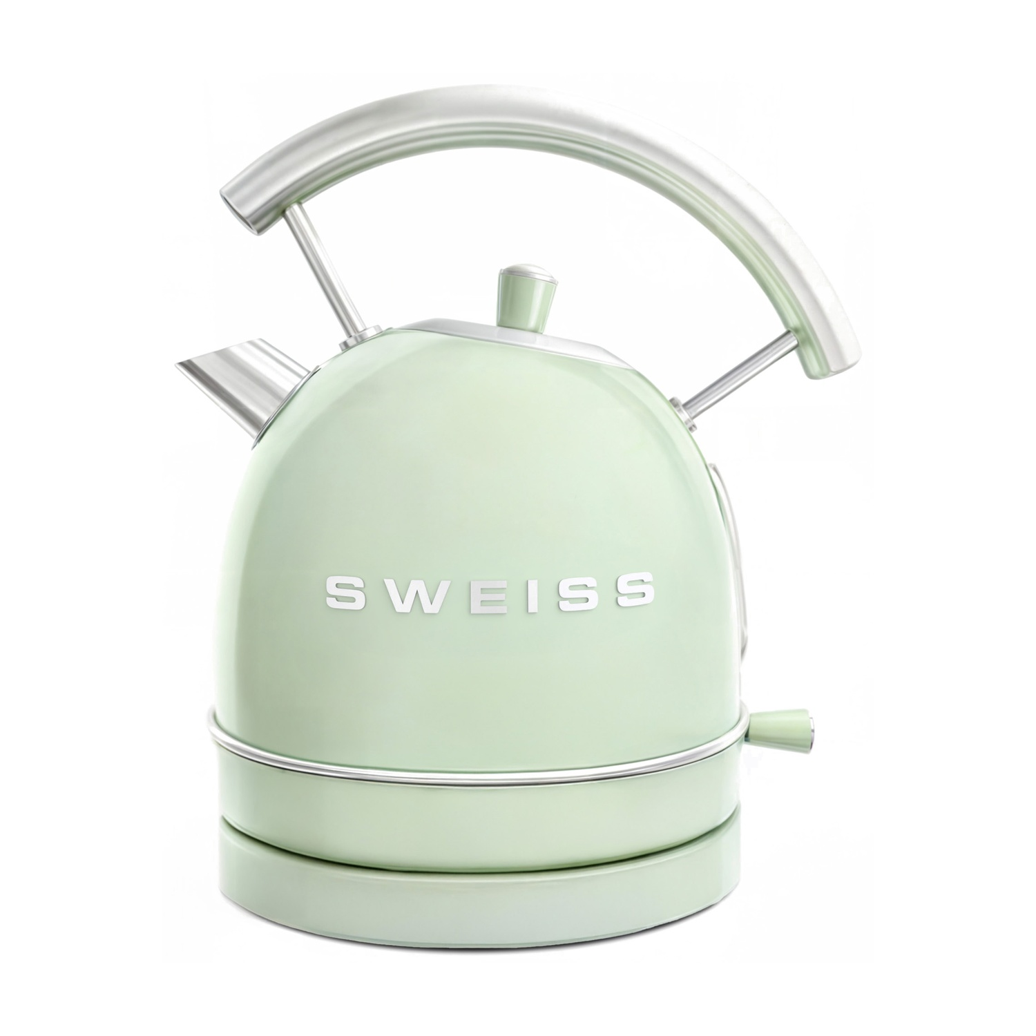 Un bollitore elettrico verde menta con manico e beccuccio argentati, etichettato 'S WEISS' su sfondo bianco.
