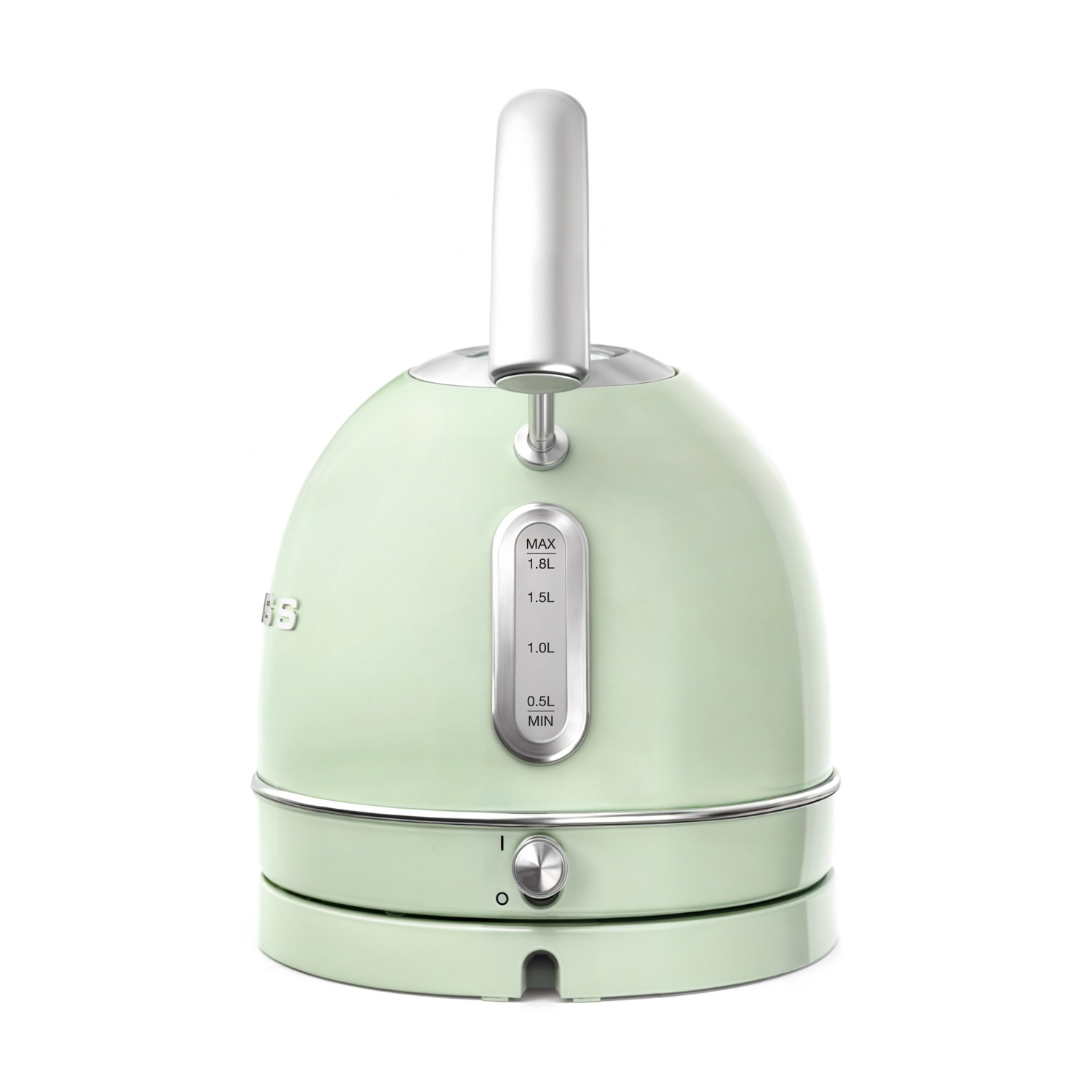 Un bollitore elettrico verde menta con manico e base argentati, isolato su bianco. Ha un indicatore del livello dell'acqua e un interruttore.