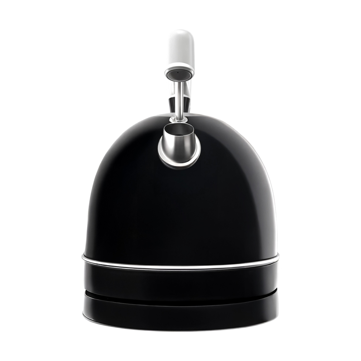 Un bollitore nero con beccuccio e manico argentati, su sfondo bianco. Il bollitore è lucido e dal design moderno.