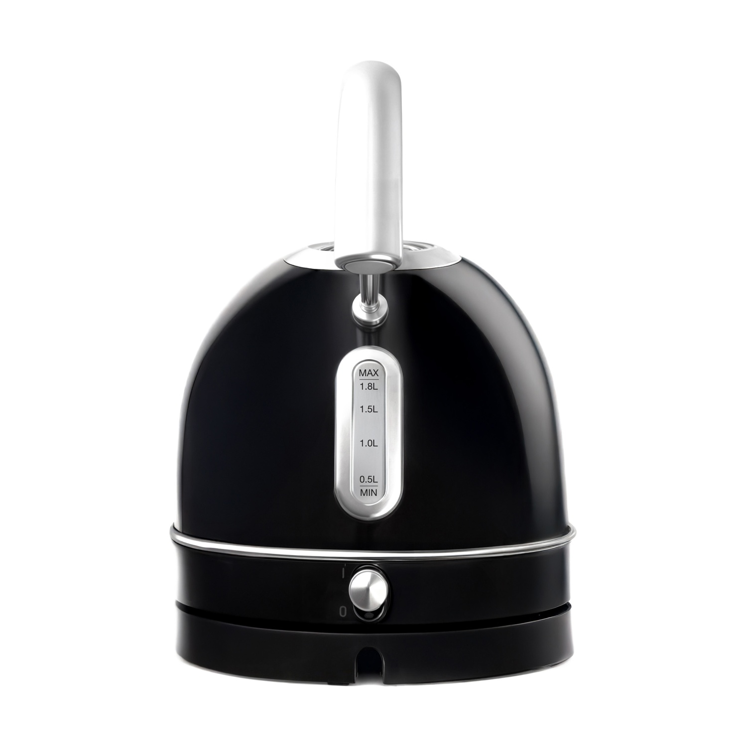 Un bollitore elettrico nero con manico bianco, dettagli argentati e indicatore livello acqua. Sfondo bianco.