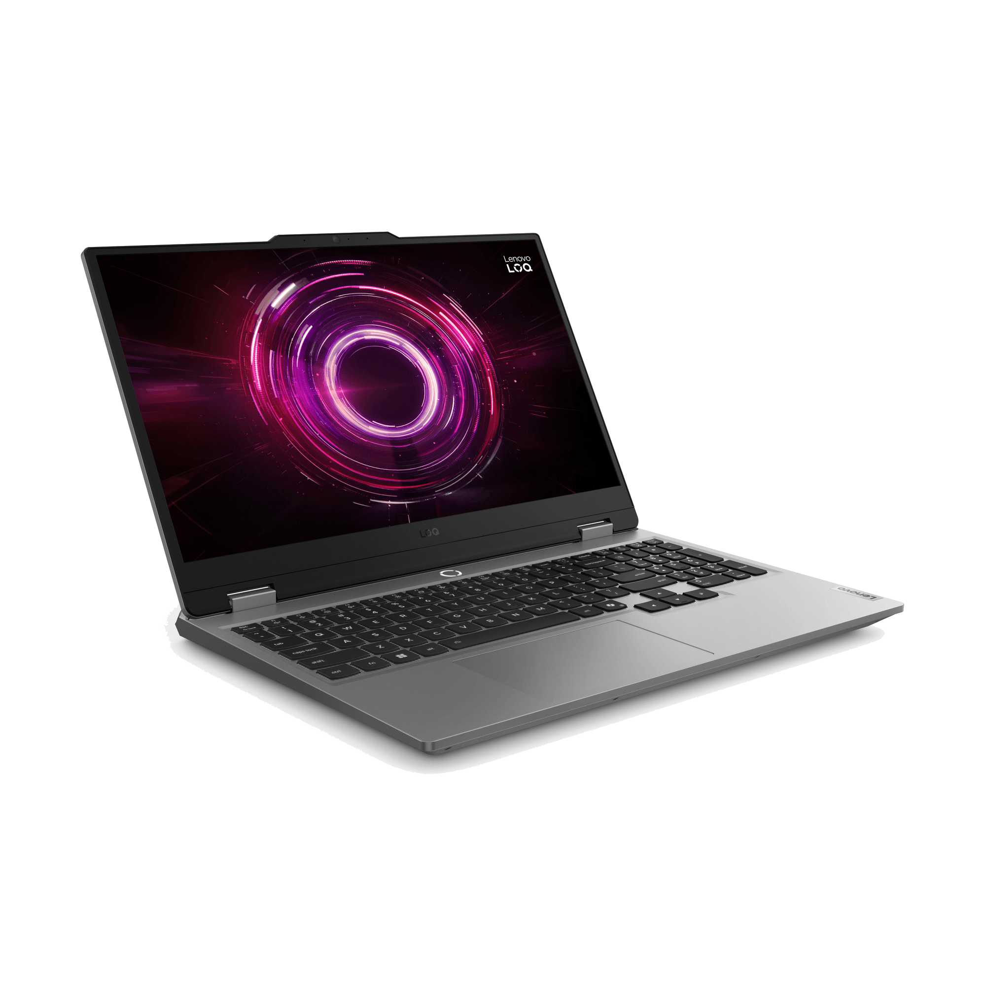 Portátil Lenovo abierto con gráfico circular rosa y morado brillante en la pantalla, teclado negro, sobre fondo negro.