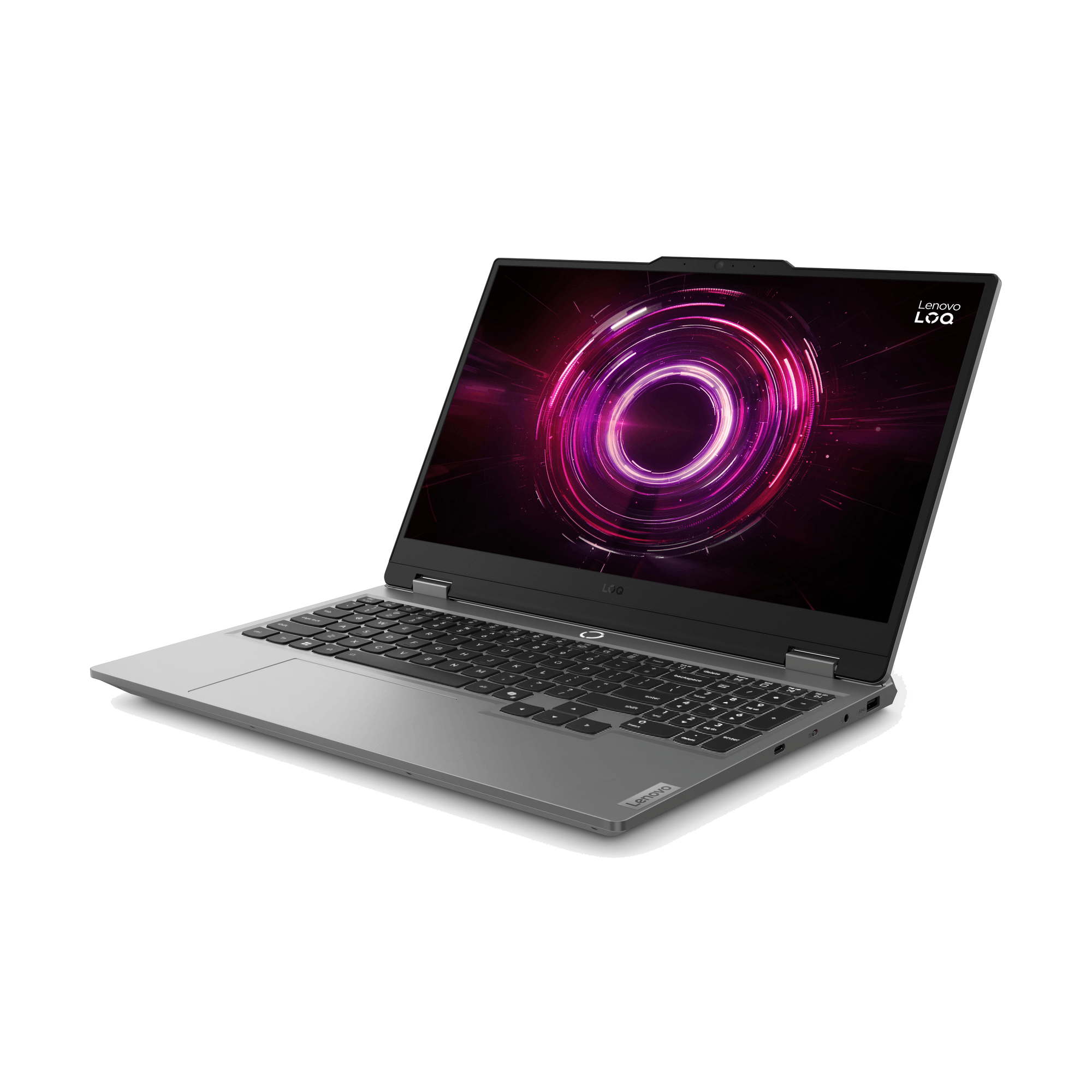 Un portátil Lenovo Loq está sobre una superficie negra. La pantalla muestra un gráfico rosa y morado. El portátil está abierto.