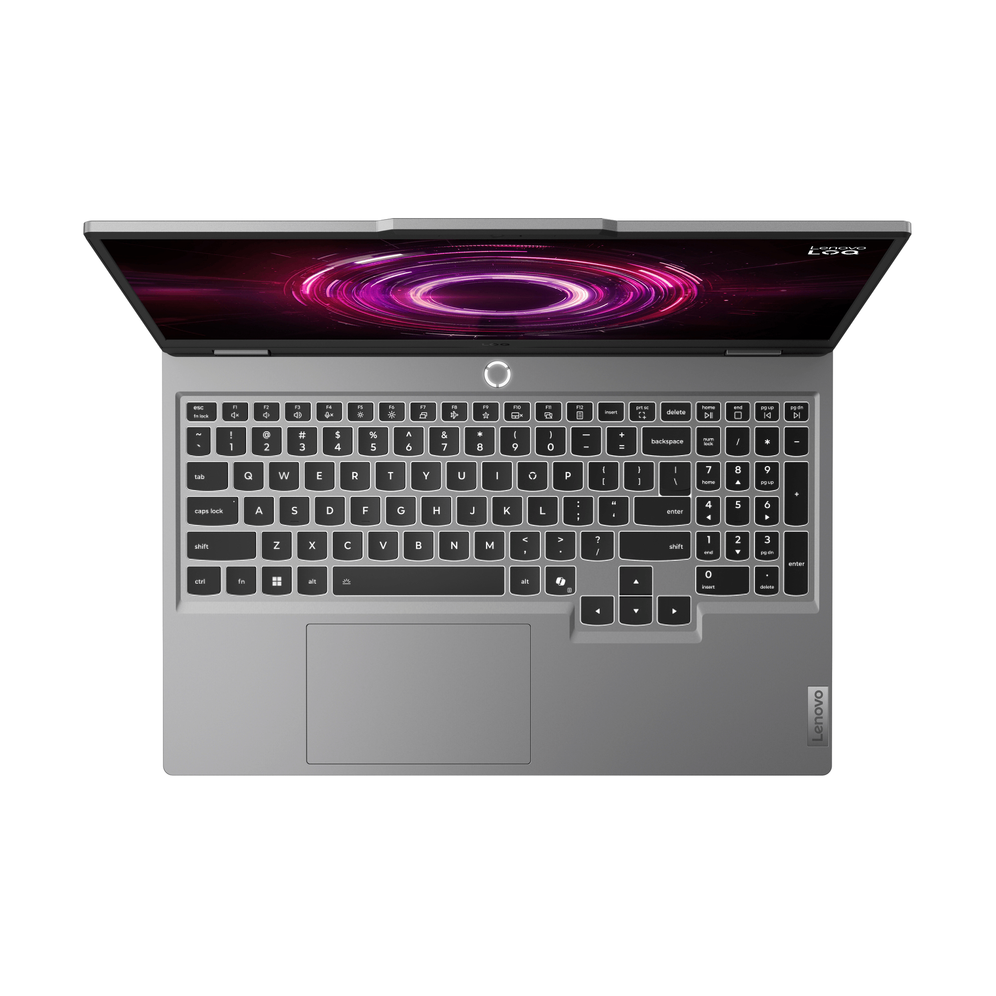 Ordenador portátil, vista superior, abierto. Pantalla muestra diseño rosa y morado. Teclado visible. Logo Lenovo a la derecha.