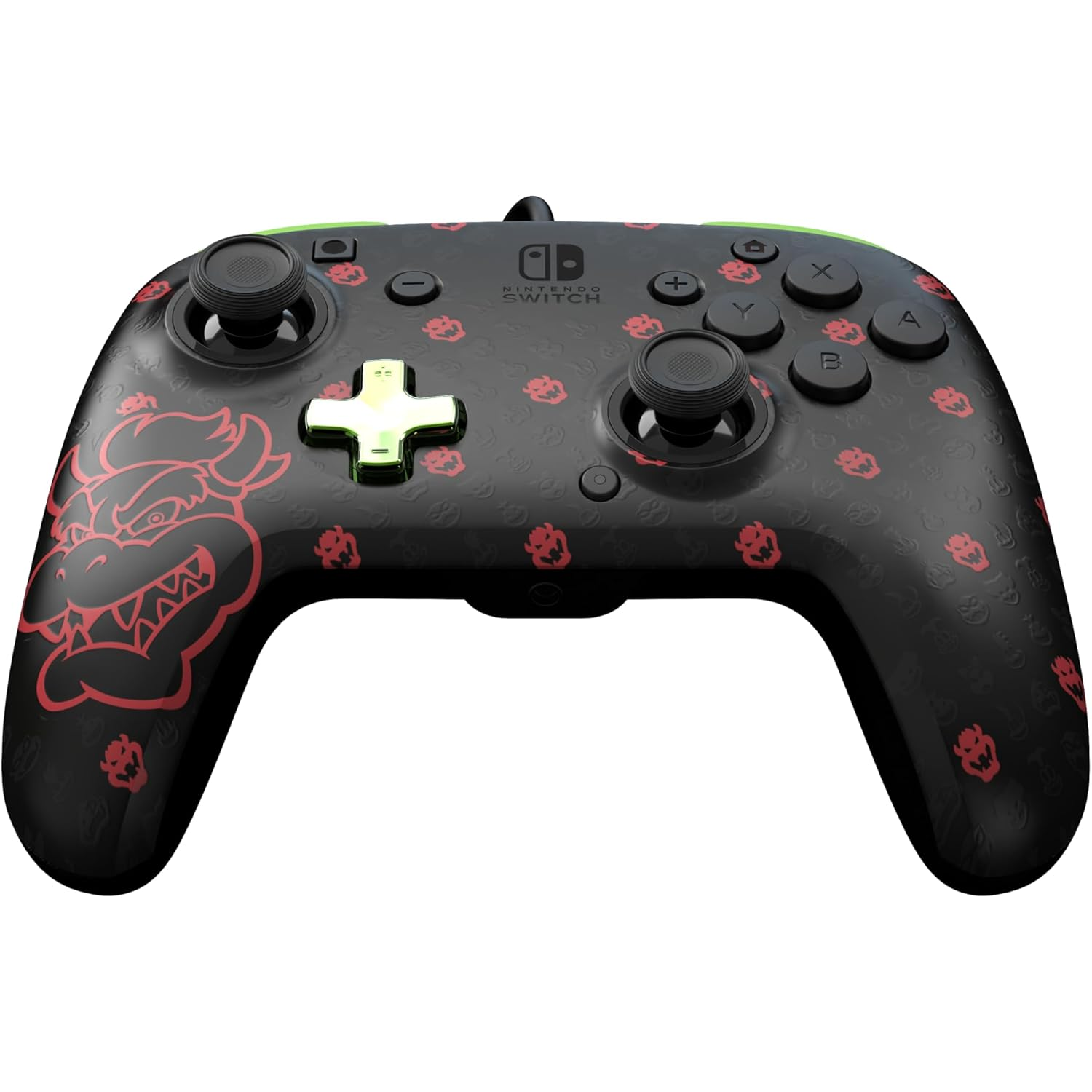 Black Nintendo Switch controller with red Bowser graphics. It has buttons, joysticks, and a D-pad. The background is white.