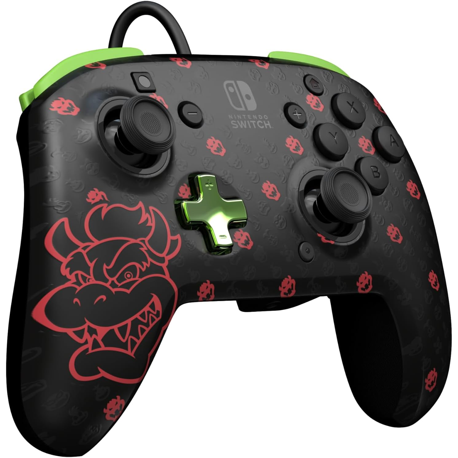 Black Nintendo Switch controller with Bowser design. Features red Bowser graphics, green accents, and black buttons.