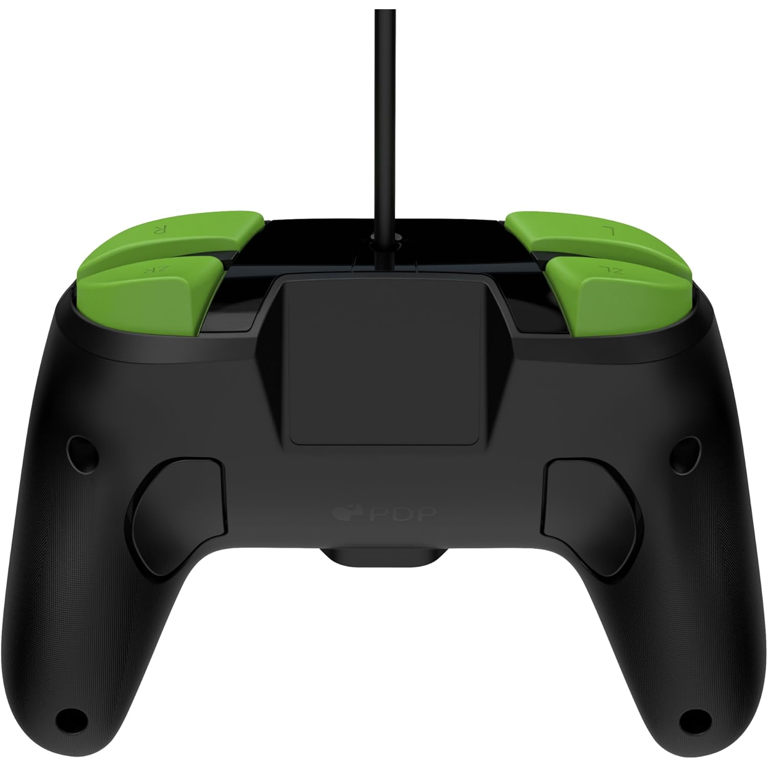 Black game controller with green buttons, labeled R, L, ZL, and ZR. It has a black cable. The brand is PDP.