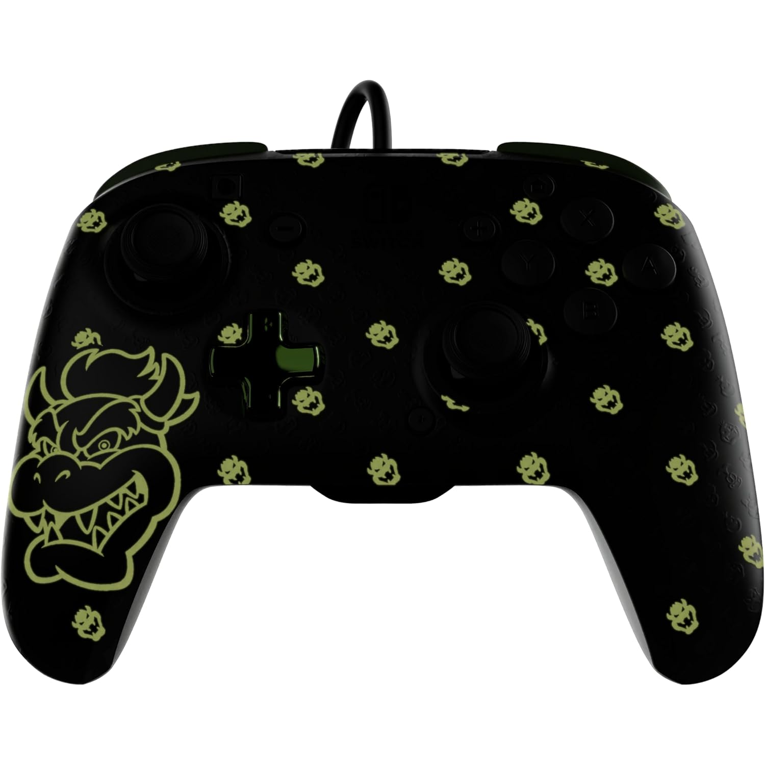 Black controller with Bowser design and glow-in-the-dark Bowser symbols. It has buttons and a D-pad. The background is white.