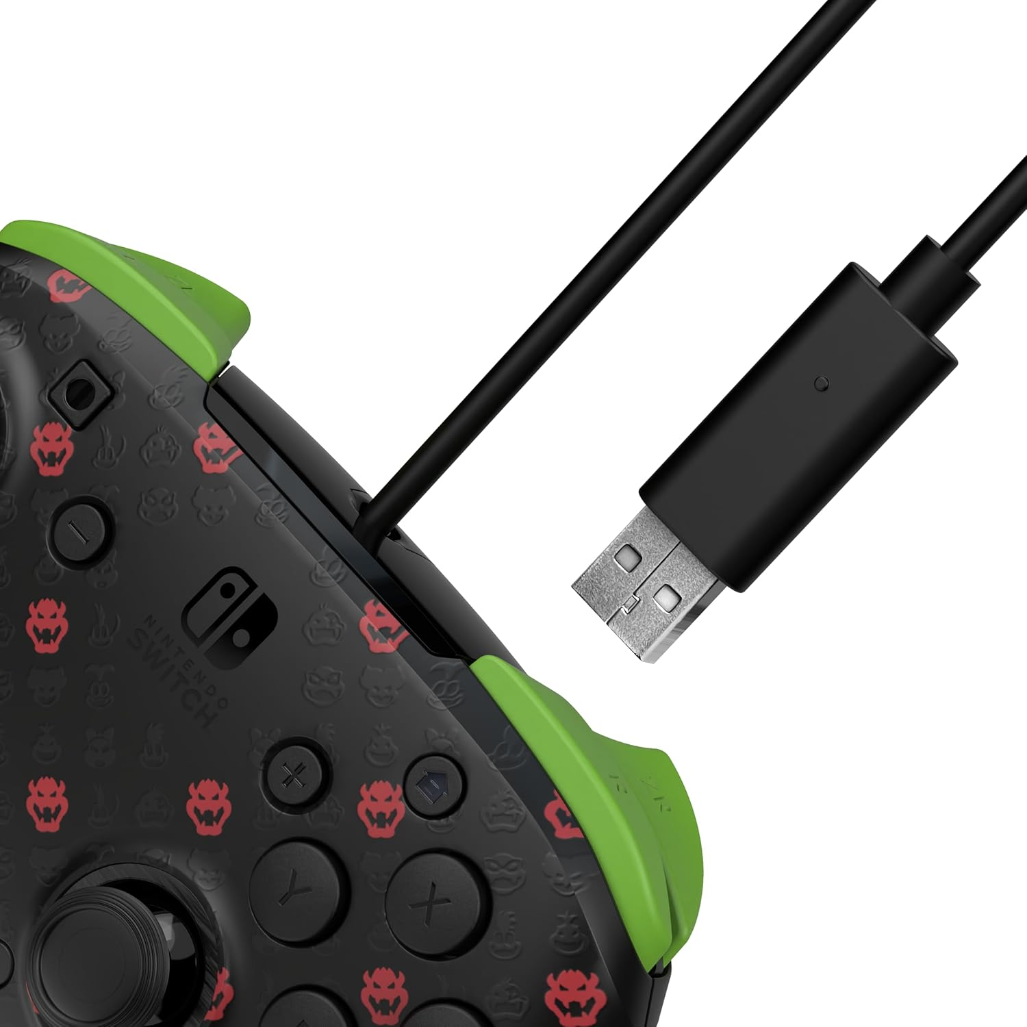 Nintendo Switch controller with Bowser design, green accents, black cable, and USB connector. Black buttons and joystick.