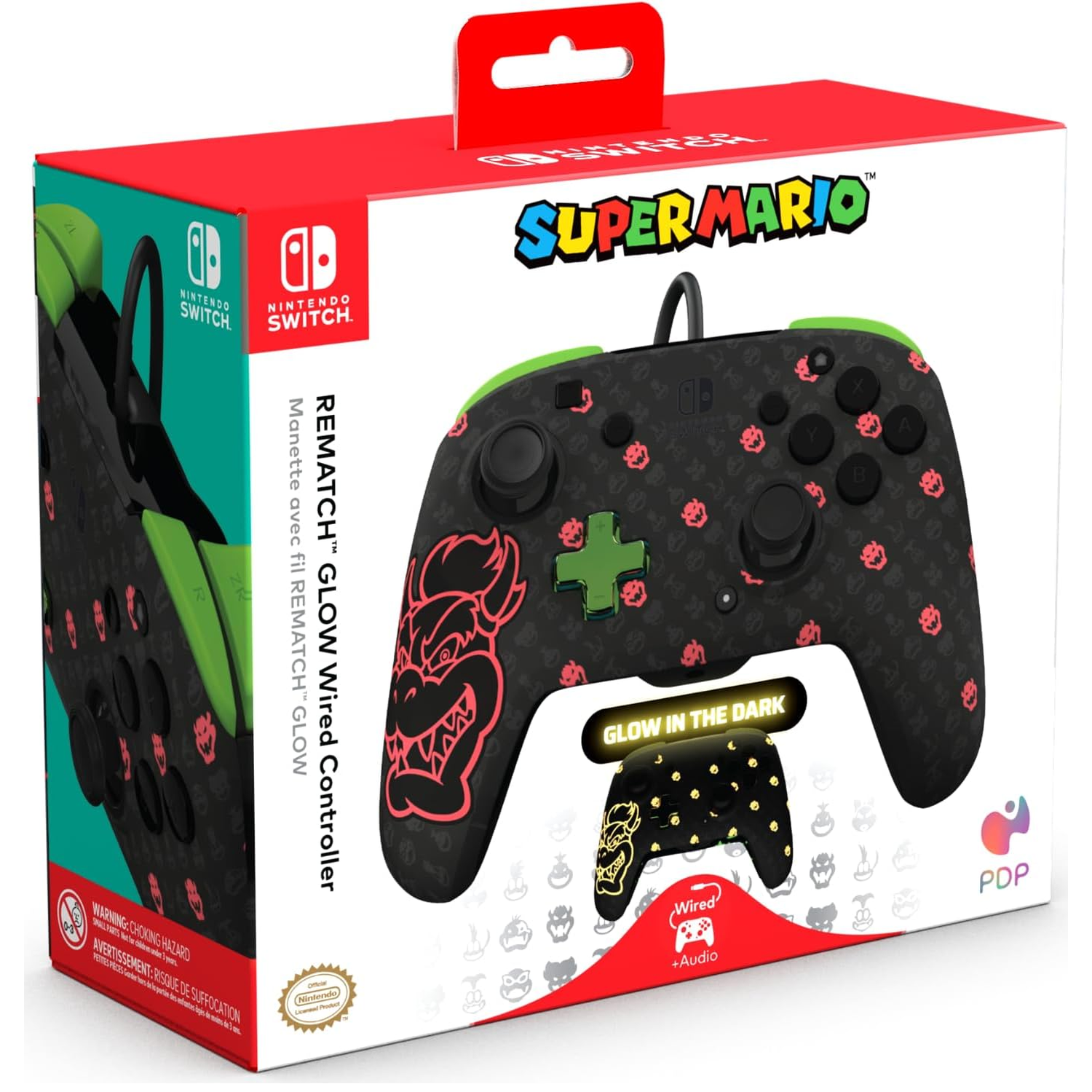 Box art for a Super Mario controller. It has a black design with red accents. The box is red, white, and green with a Mario logo.