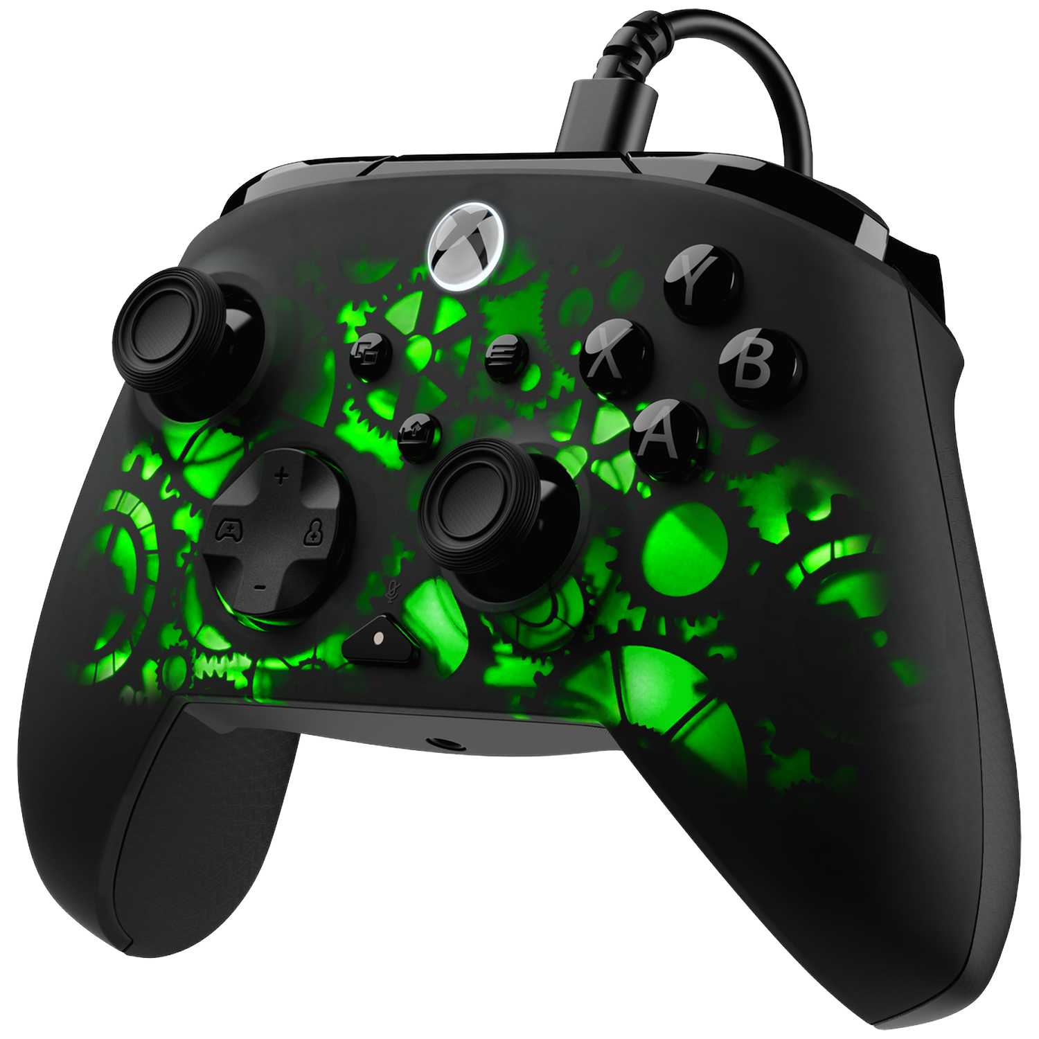 Black Xbox controller with green illuminated design. Features buttons, joysticks, and a cable. Gears and patterns are visible.