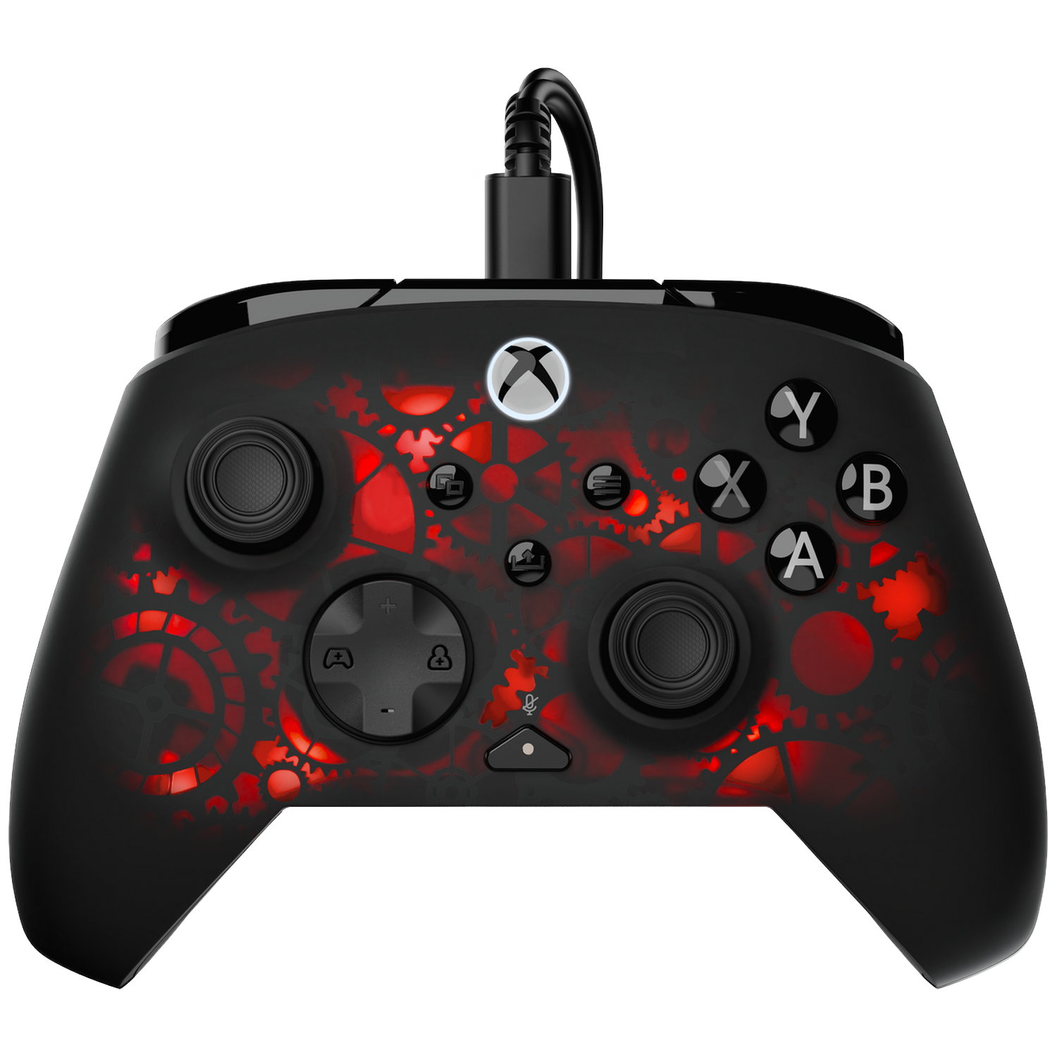 Black Xbox controller with red gear design. Includes buttons, joysticks, and a USB cable. The Xbox logo glows white.