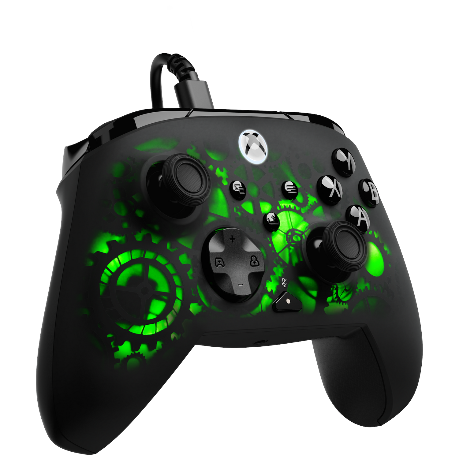 Black Xbox controller with green illuminated gears. Buttons and joysticks are visible. Wired connection at the top.