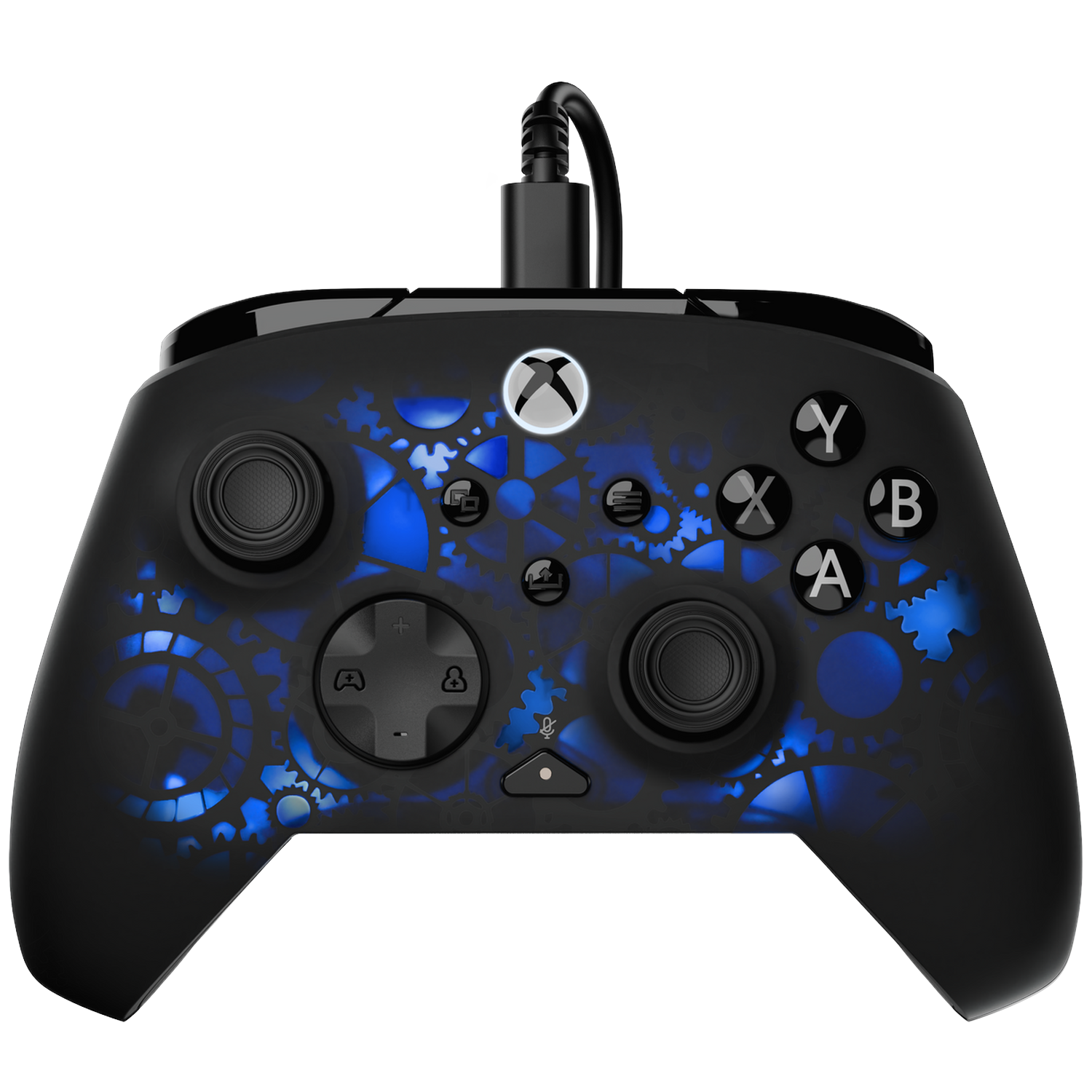 Black Xbox controller with blue gear design. Features buttons, thumbsticks, and a cable. Illuminated Xbox logo.