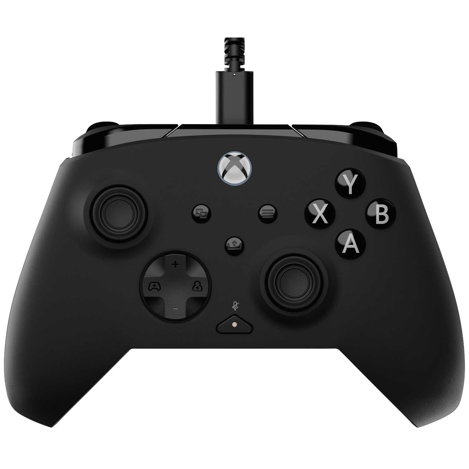 Black Xbox controller with buttons, joysticks, and a USB cable. Includes A, B, X, Y buttons and D-pad. Xbox logo in the middle.