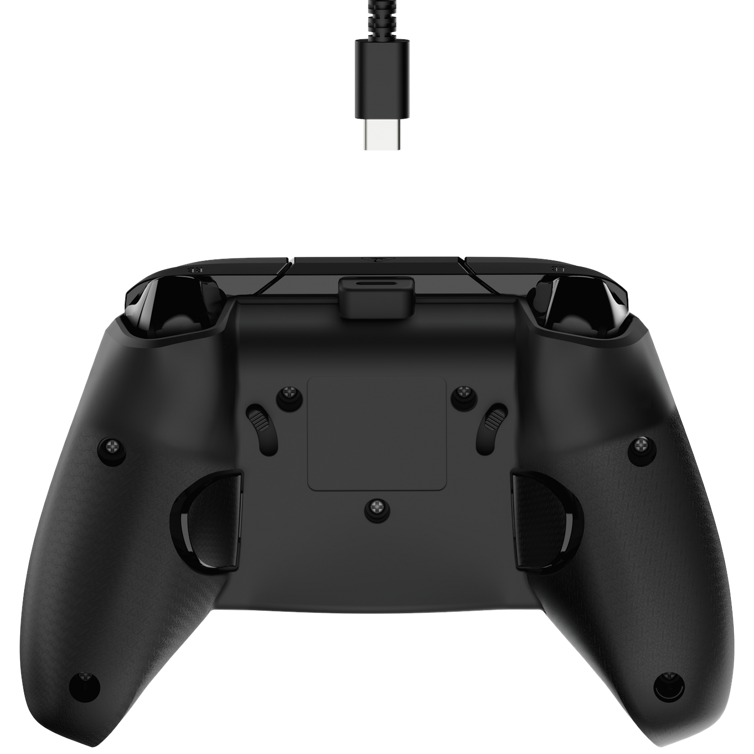 Black game controller with a USB-C cable above it. The controller has buttons and triggers.