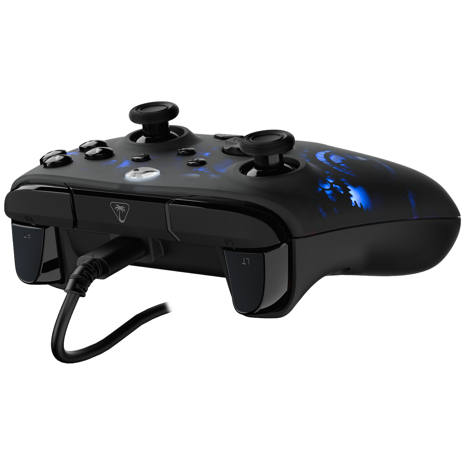Black game controller with blue accents and buttons, connected to a cable. Two joysticks and several buttons are visible.