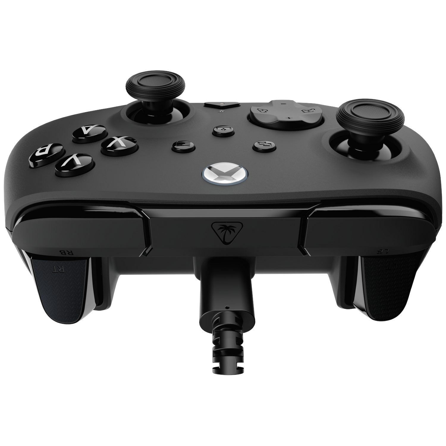 Black Xbox controller with buttons, joysticks, and a charging cable. The controller is on a white background, angled upwards.