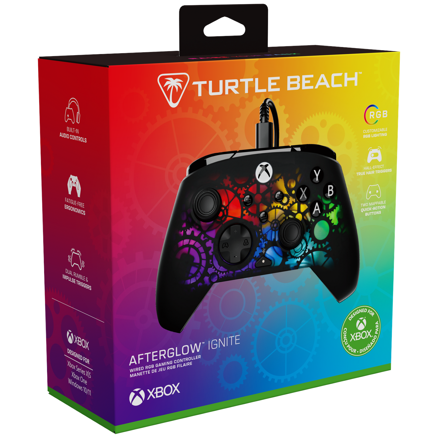 Xbox controller box with controller image, colorful gears, and text: Afterglow Ignite, Turtle Beach, RGB, Xbox.