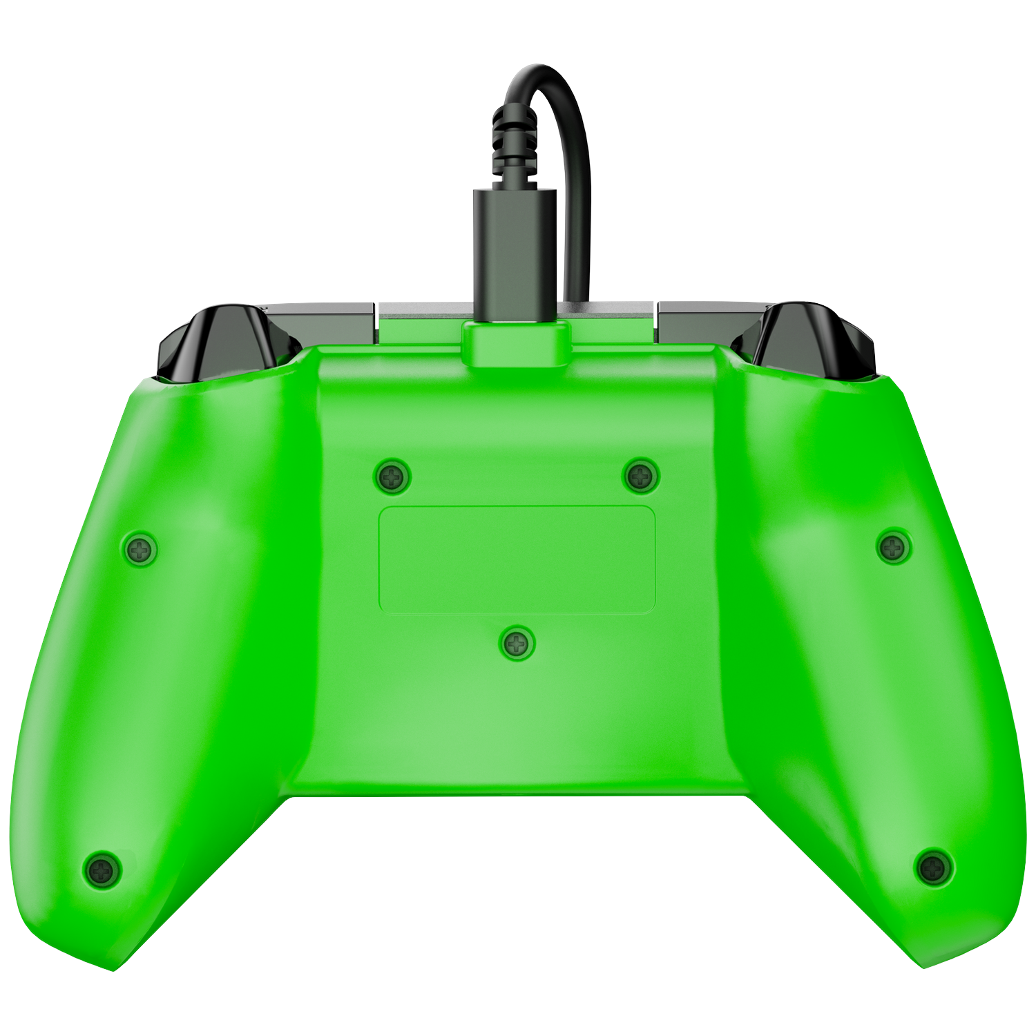 A green game controller with a black cable attached. The controller is facing up, showing buttons and screws. 