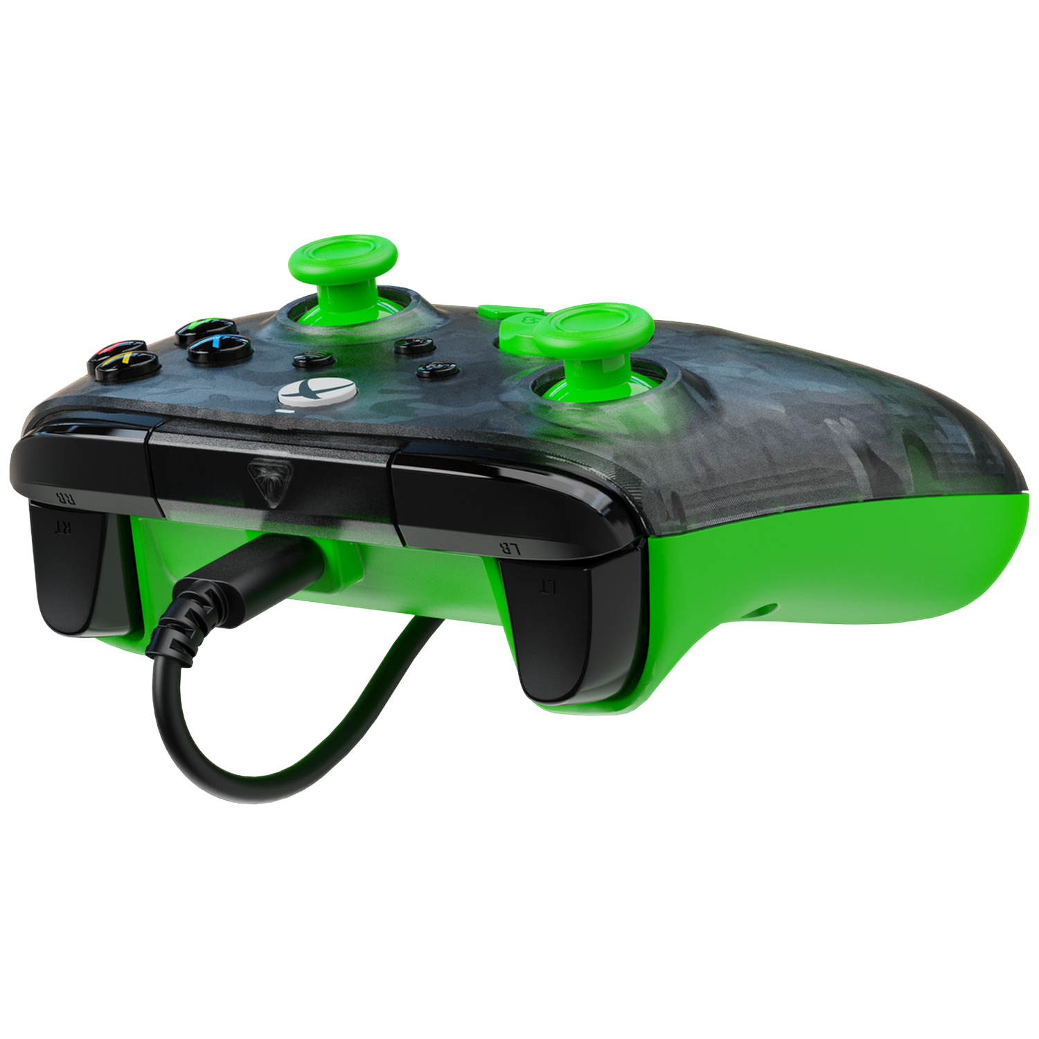 A green and black Xbox controller is shown. It has green joysticks, buttons, and accents. A black cable is plugged into it.