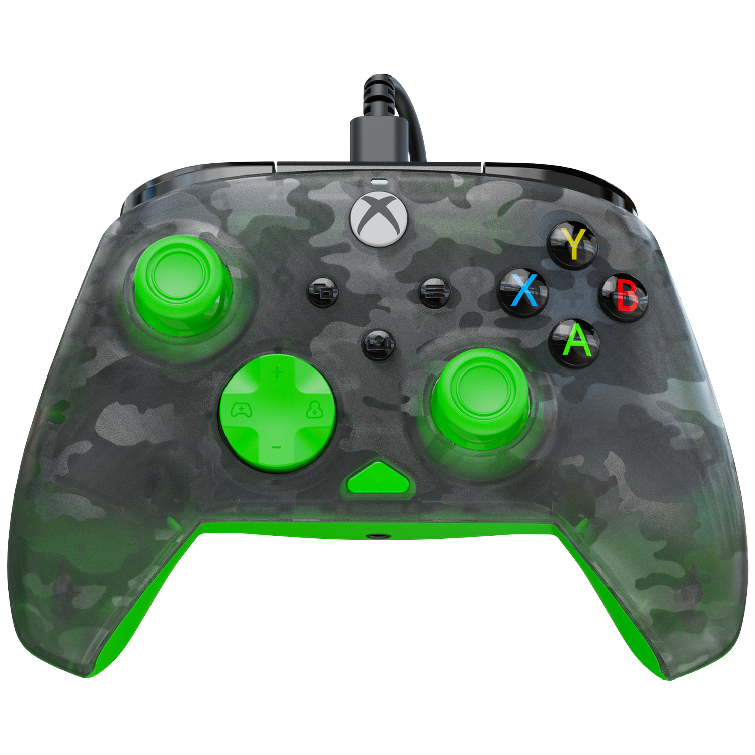 Xbox controller, camo pattern with green accents. Features buttons: A, B, X, Y, and two green joysticks. Black cable attached.